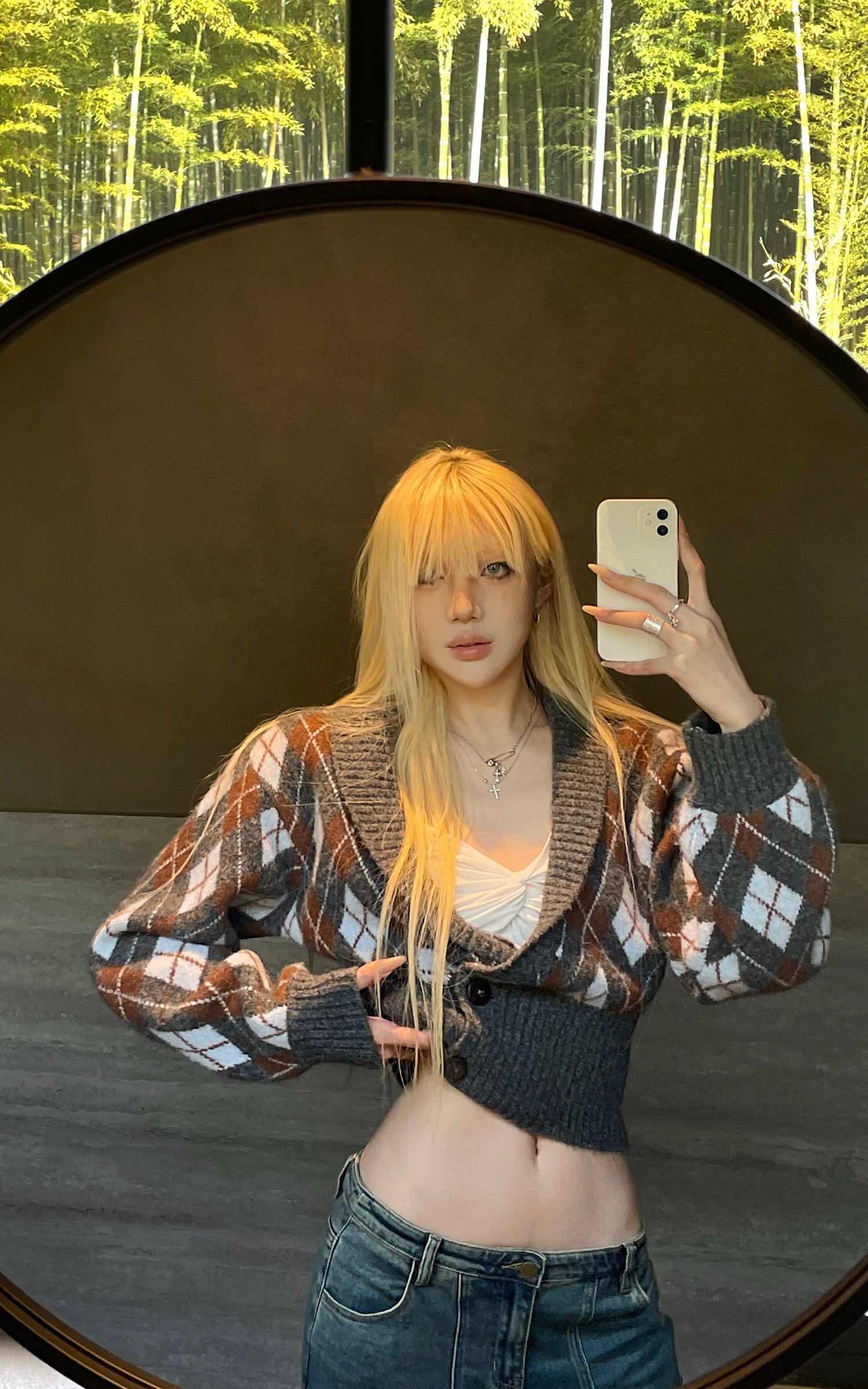 Rase le sol ダブルボタンウエストデザインのアルガイルニットクロップドカーディガン