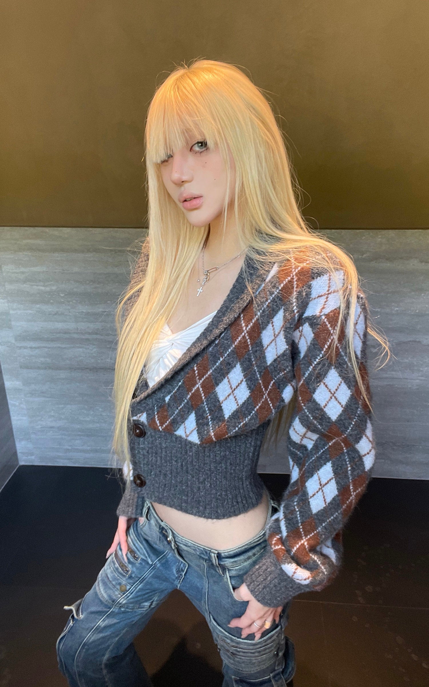 Rase le sol ダブルボタンウエストデザインのアルガイルニットクロップドカーディガン