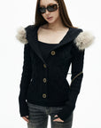 IAMXIAA Faux-Fur Hood Cable Knit Hoodie