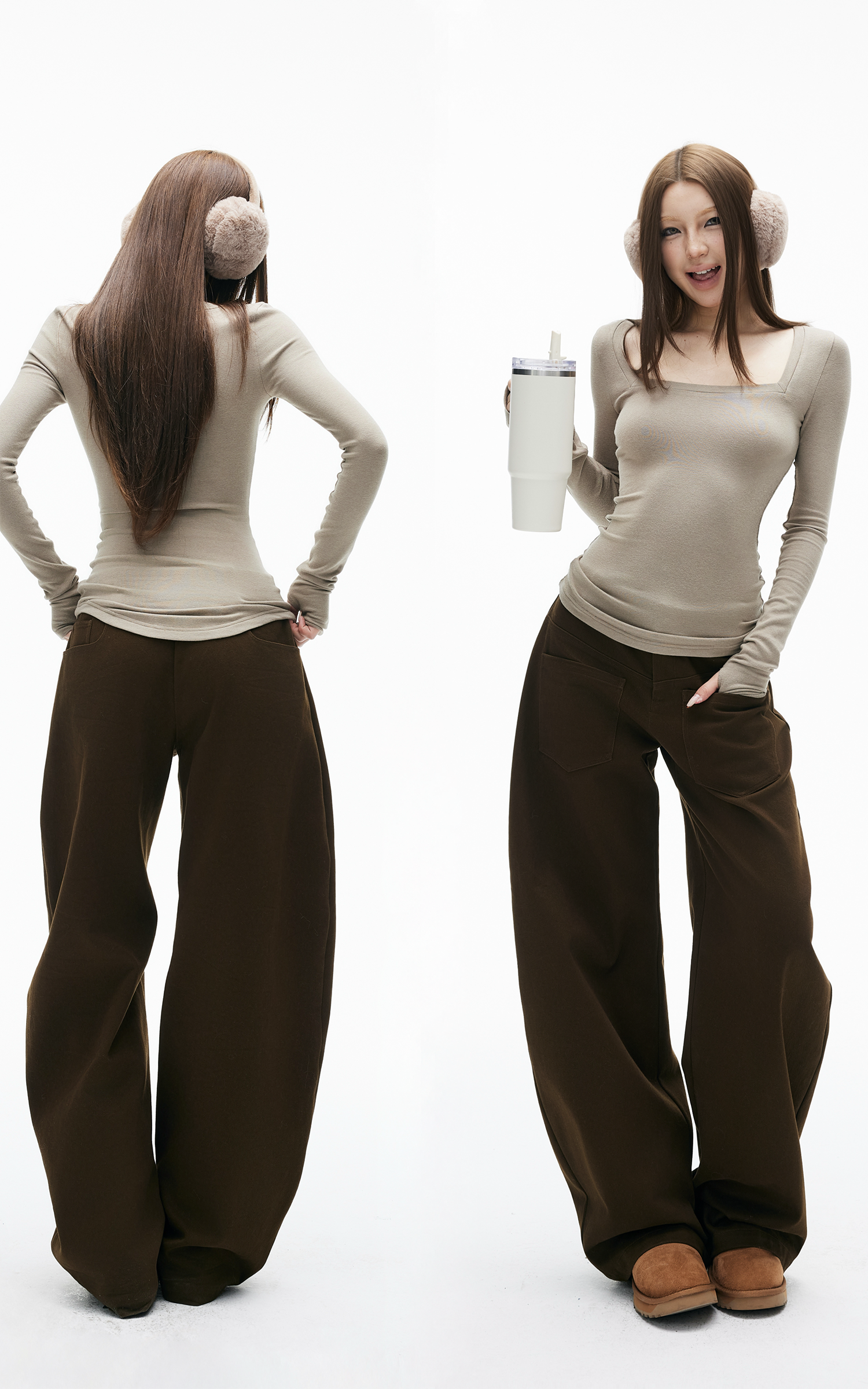 IAMXIAA リラックスワイドレッグカジュアルパンツ