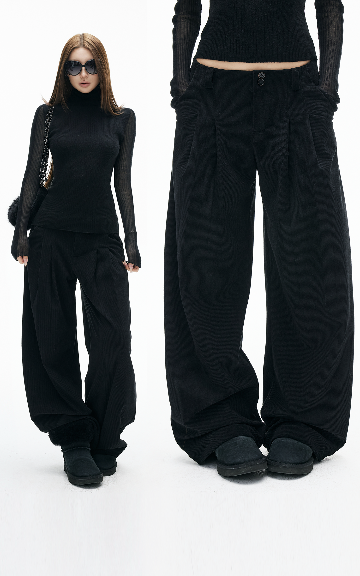 IAMXIAA リブ編みワイドレッグカジュアルパンツ