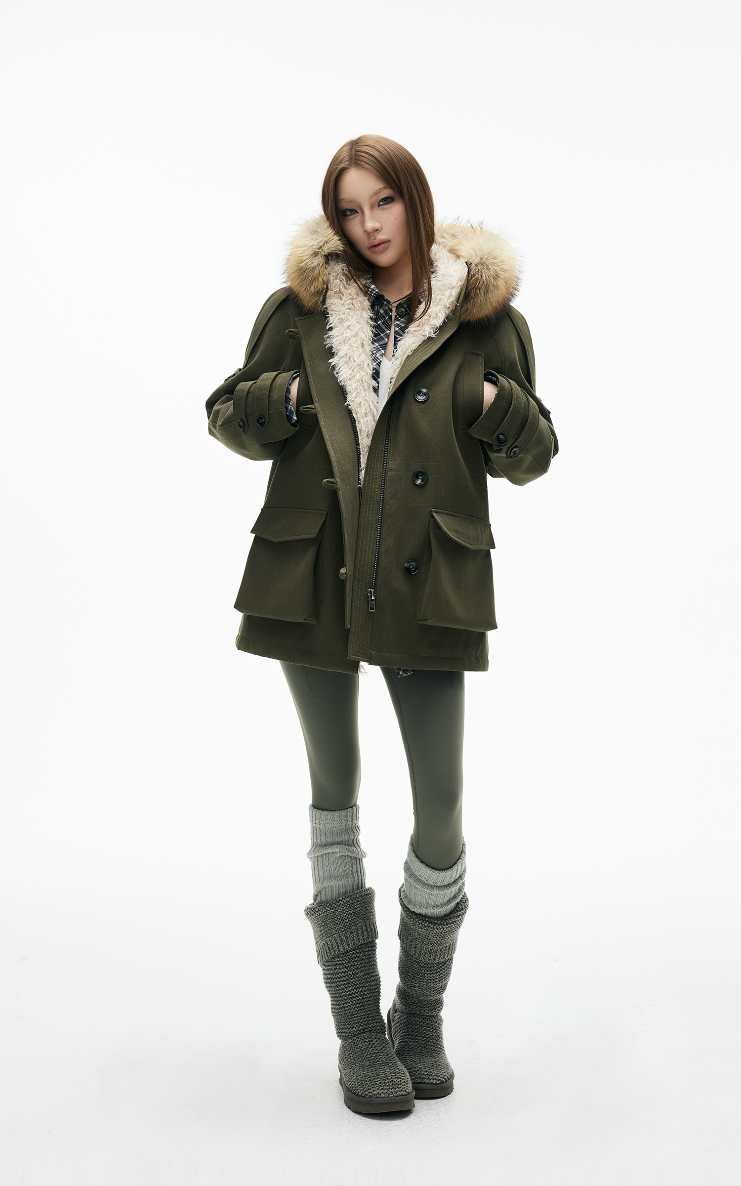 IAMXIAA フェイクファー フード付きユーティリティジャケット