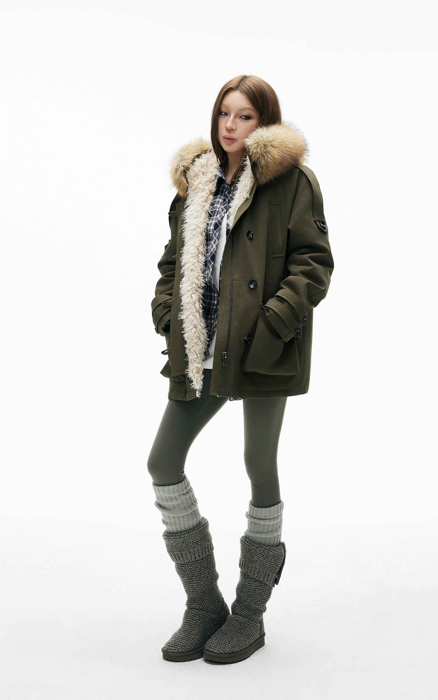 IAMXIAA フェイクファー フード付きユーティリティジャケット