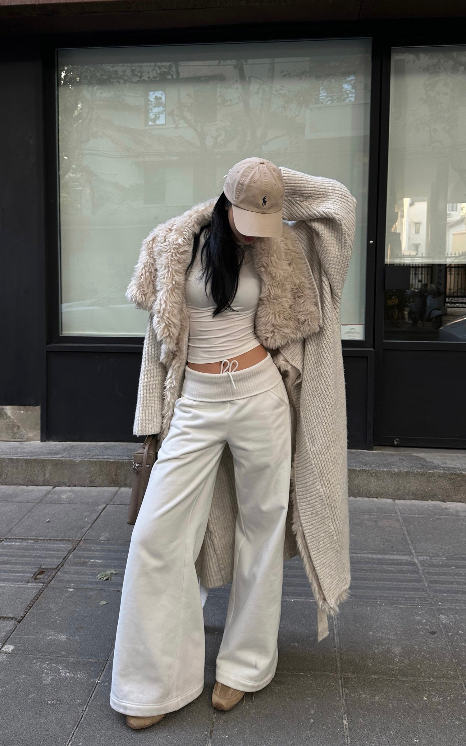 ROVENTE Faux Fur Trim Belted Knit Long Coat