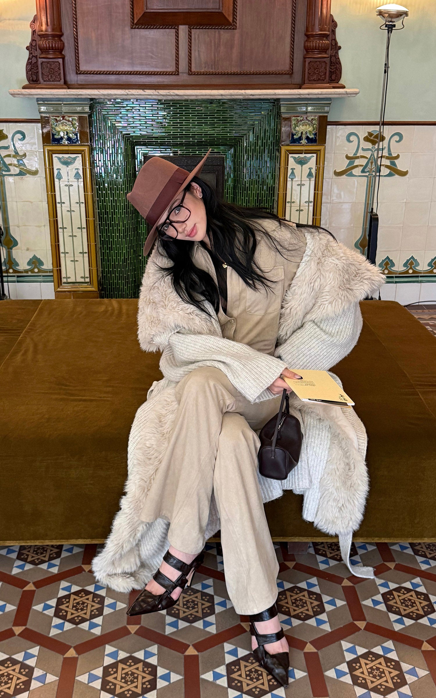 ROVENTE Faux Fur Trim Belted Knit Long Coat