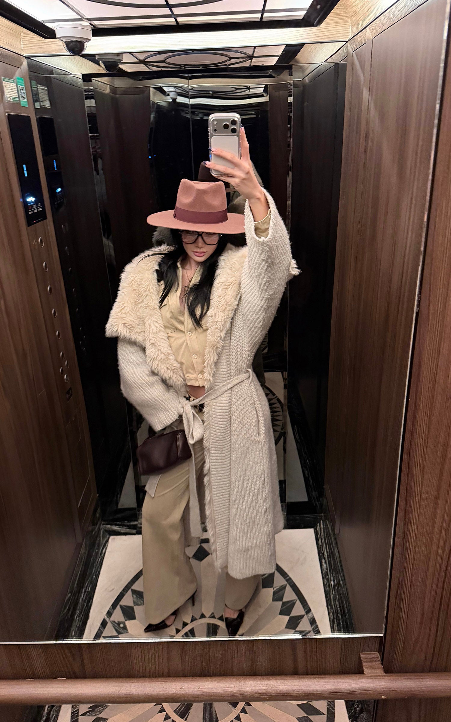 ROVENTE Faux Fur Trim Belted Knit Long Coat