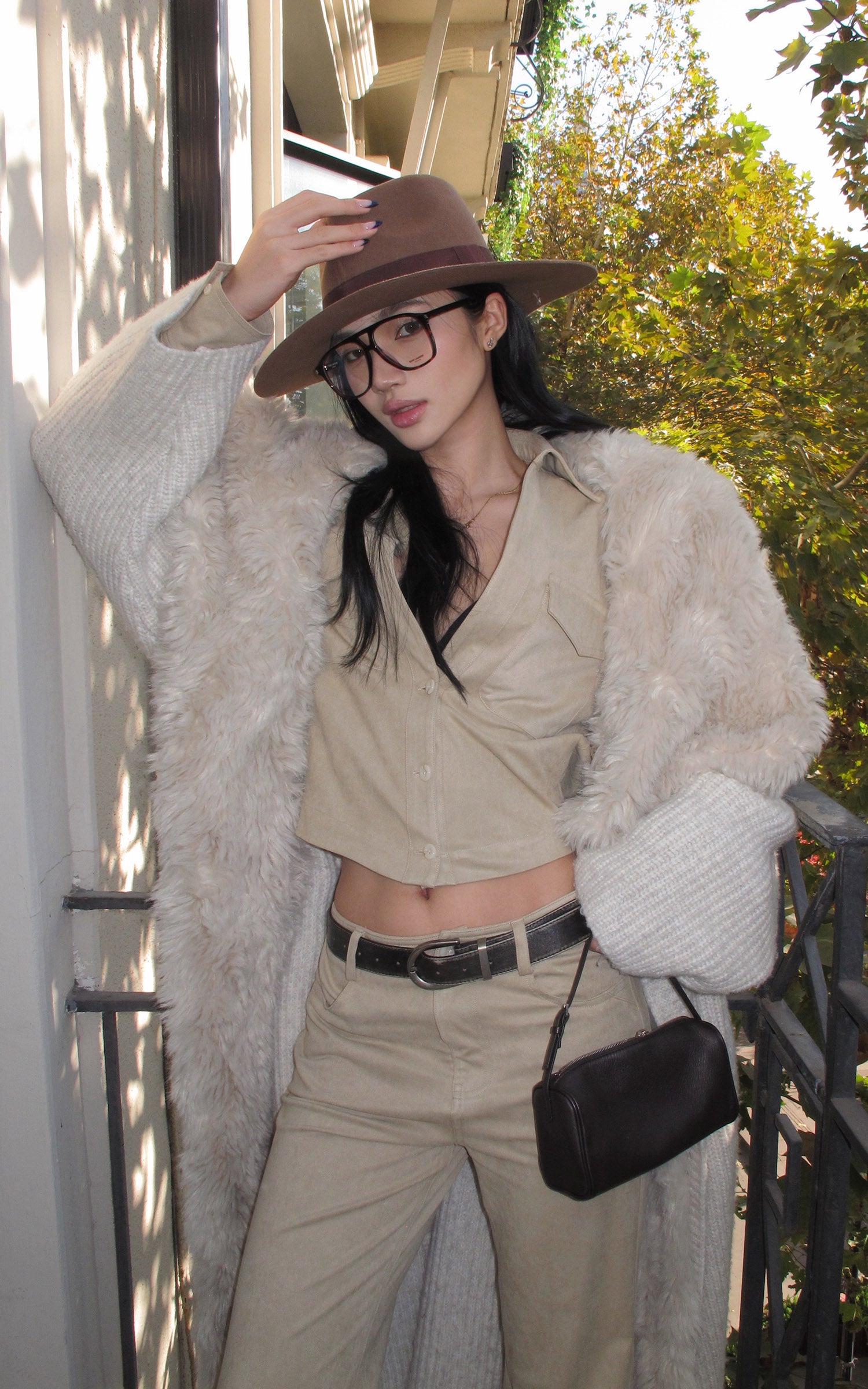 ROVENTE Faux Fur Trim Belted Knit Long Coat