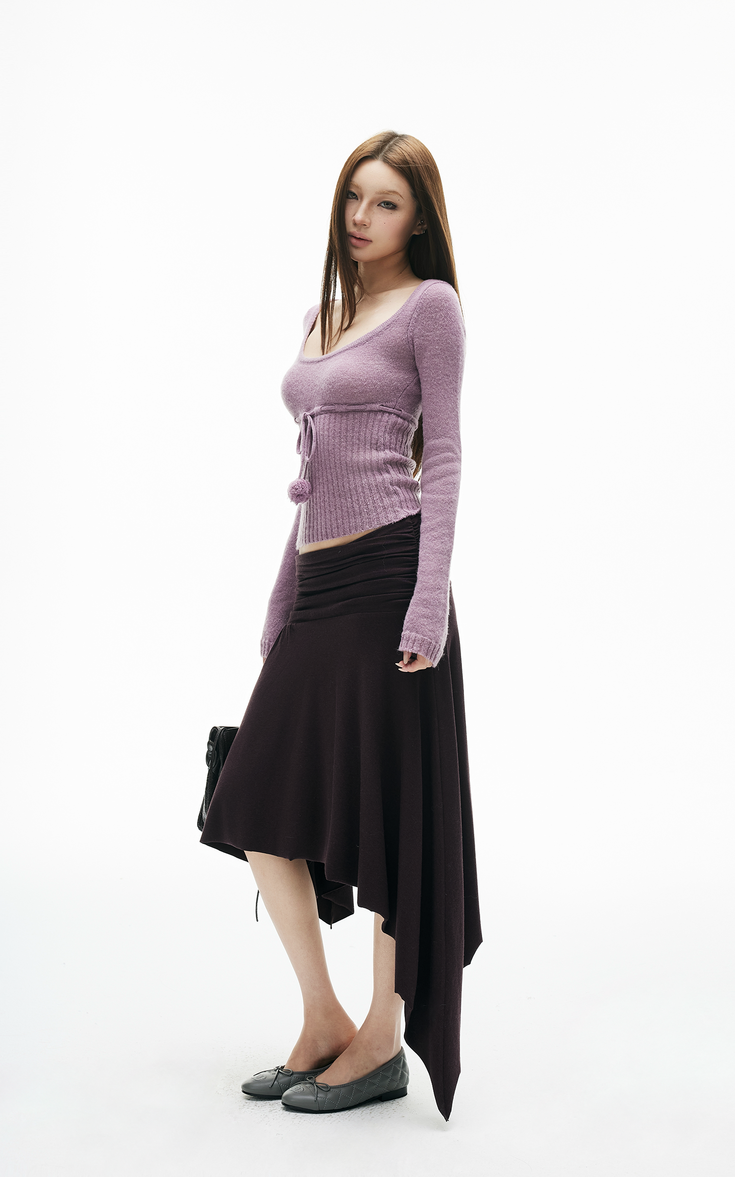 IAMXIAA ドローストリングリブニットロングスリーブトップ