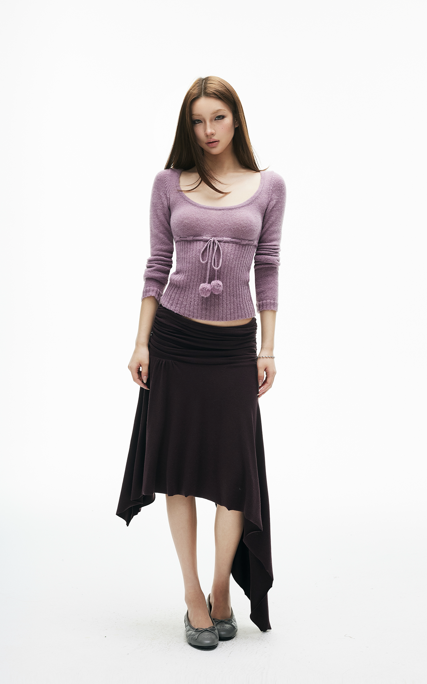 IAMXIAA ドローストリングリブニットロングスリーブトップ