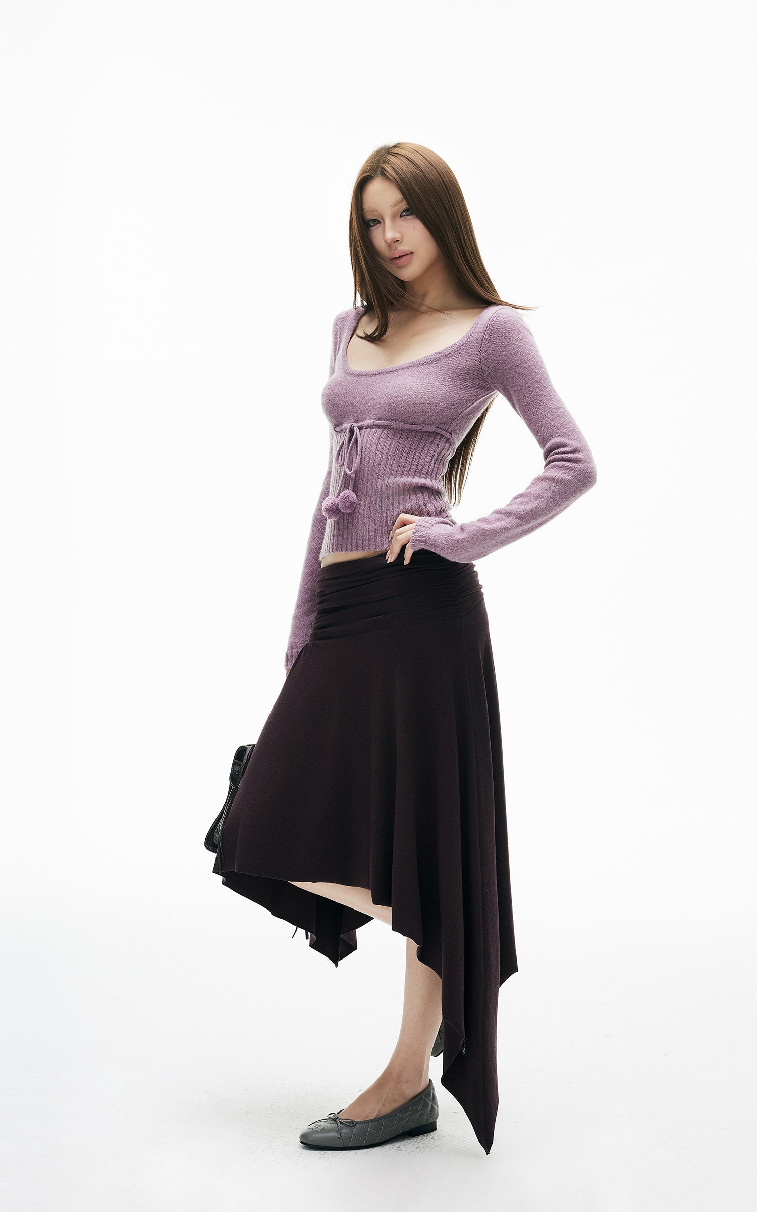 IAMXIAA ドローストリングリブニットロングスリーブトップ