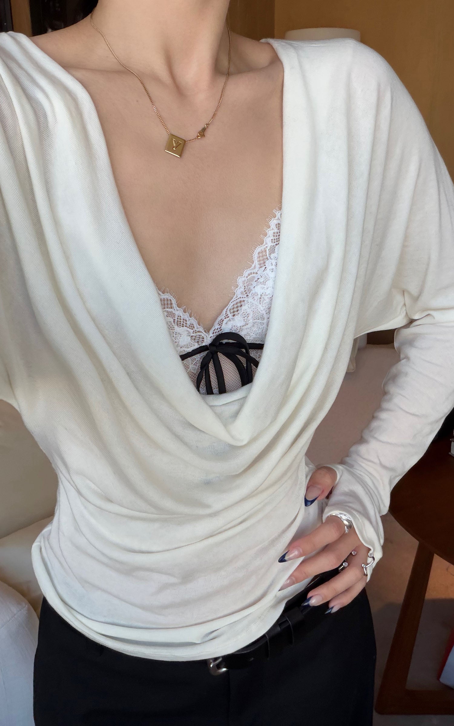 ROVENTE レースタイフロントキャミソールトップ