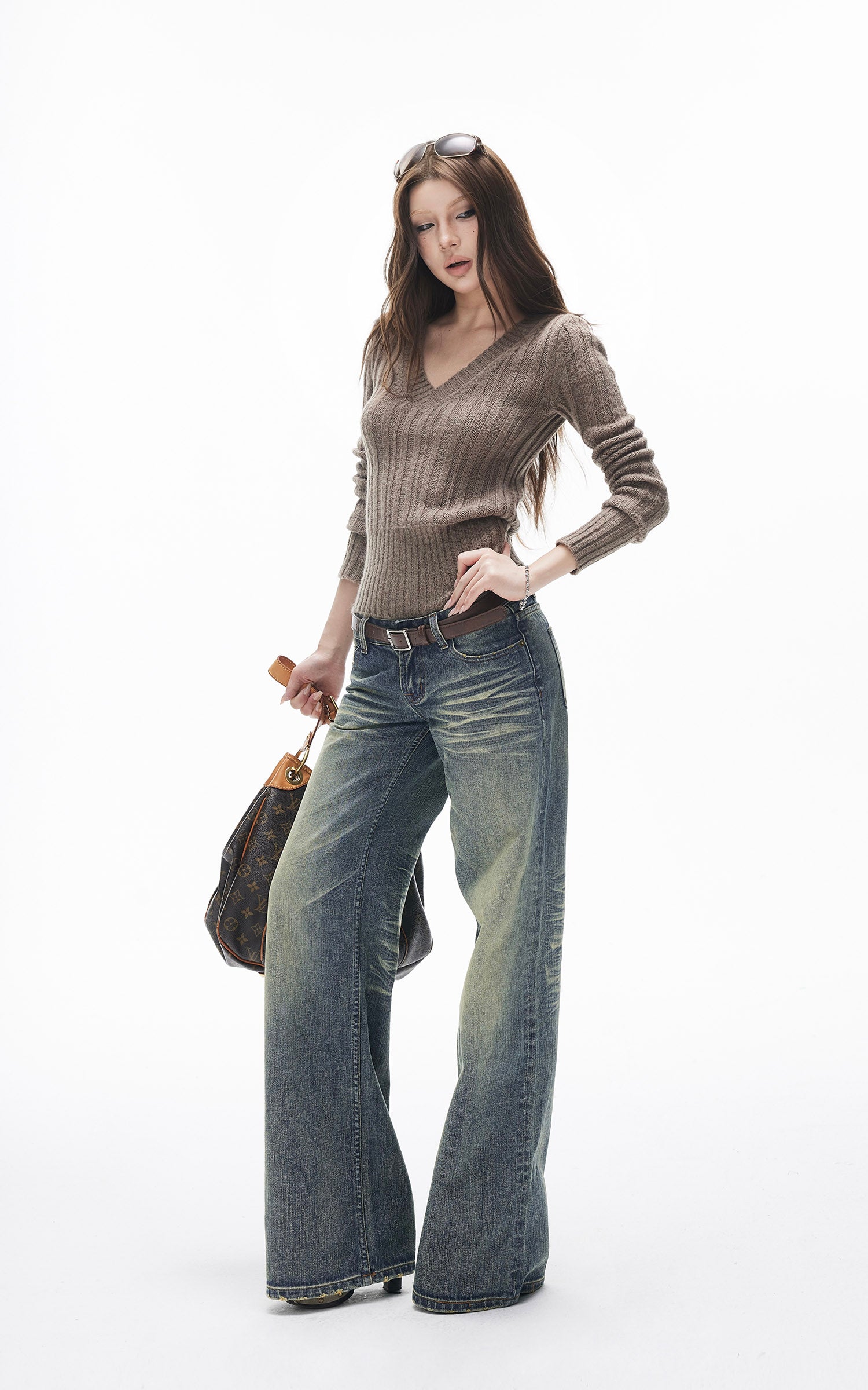 ヴィンテージウォッシュ ストレートフレアデニムジーンズ