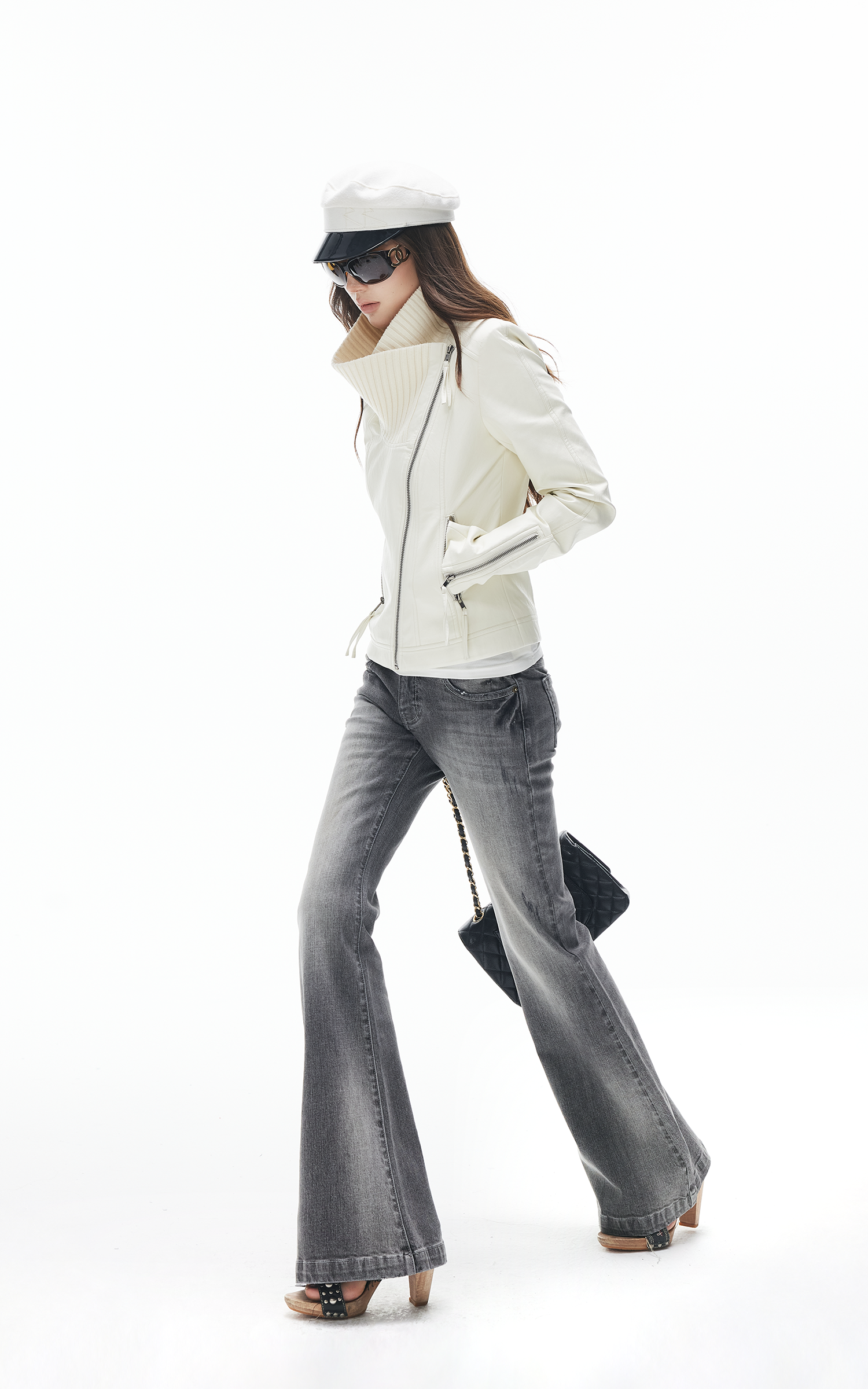 アシンメトリージップ ニットカラー フィットバイカージャケット