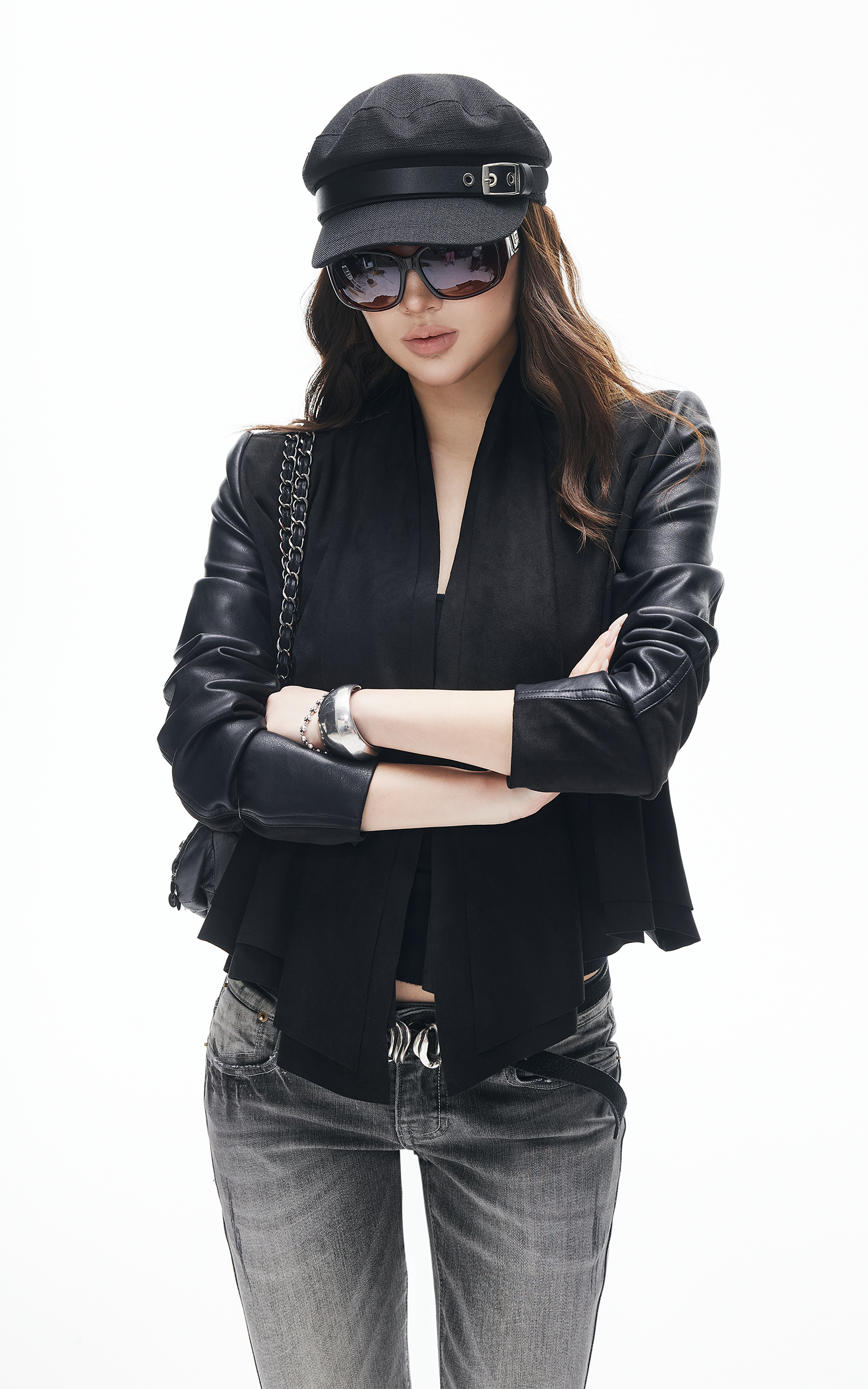 IAMXIAA レザー袖付きドレープパネルクロップドトレンチジャケット