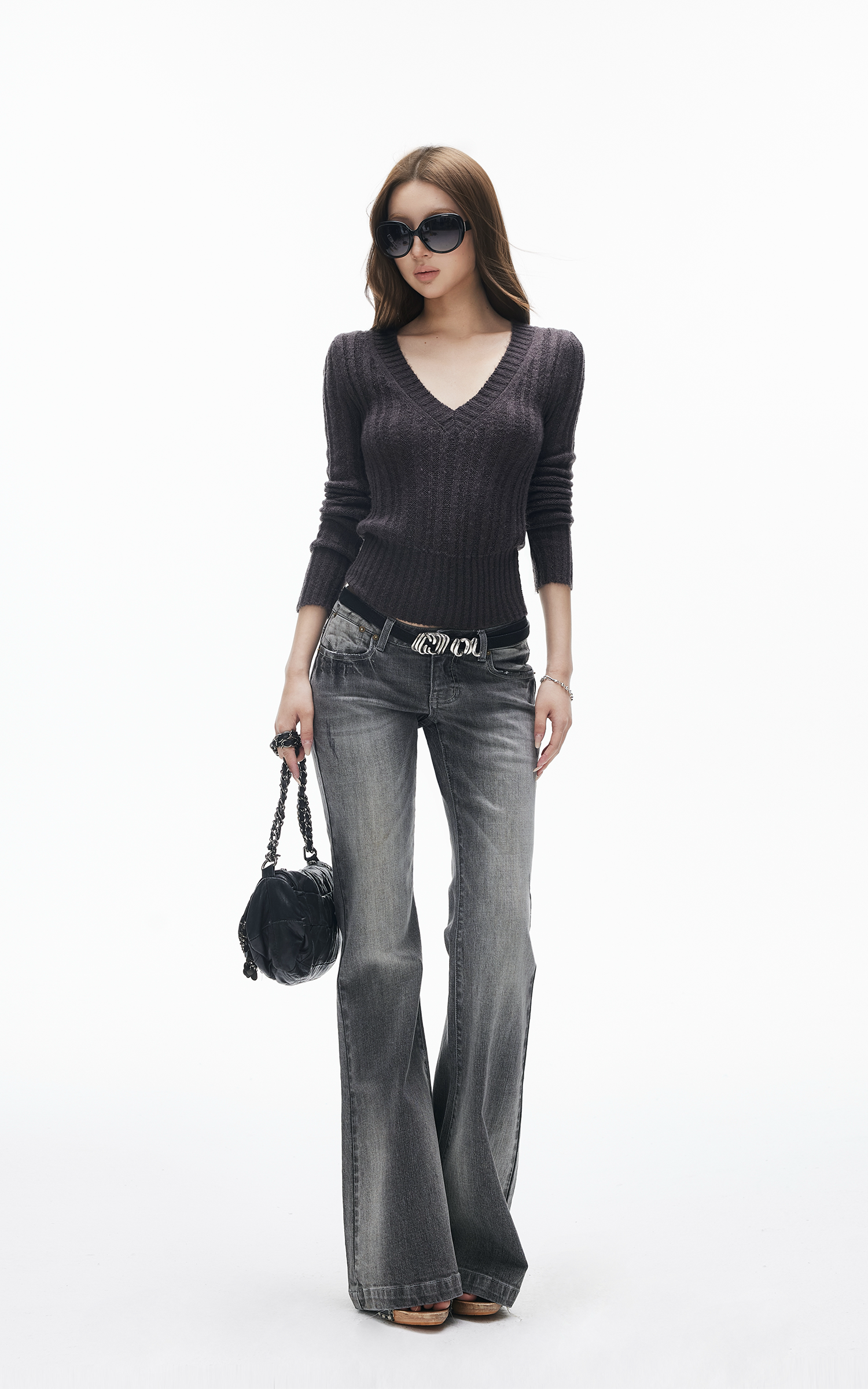 スリムフィット リブ Vネック ニットトップ