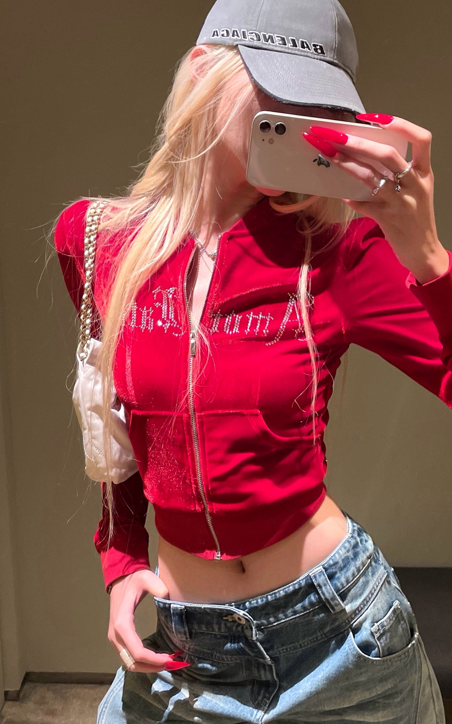 Rase le sol ラインストーンのゴシック文字入りベルベットジップアップジャケット