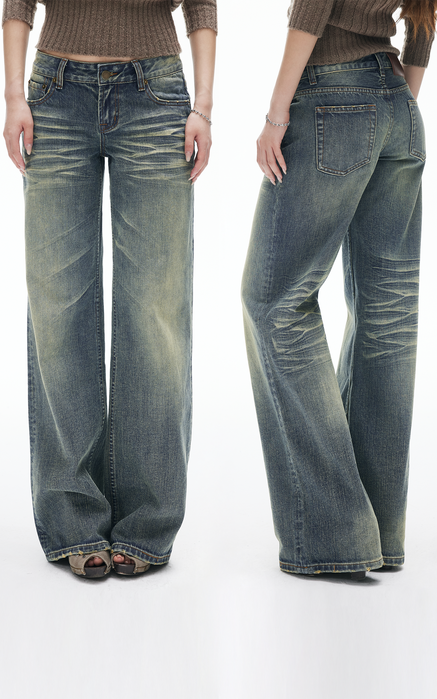 ヴィンテージウォッシュ ストレートフレアデニムジーンズ