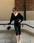 ROVENTE Deep V Draped Long Sleeve T-Shirt and Slim Cropped Pants Set