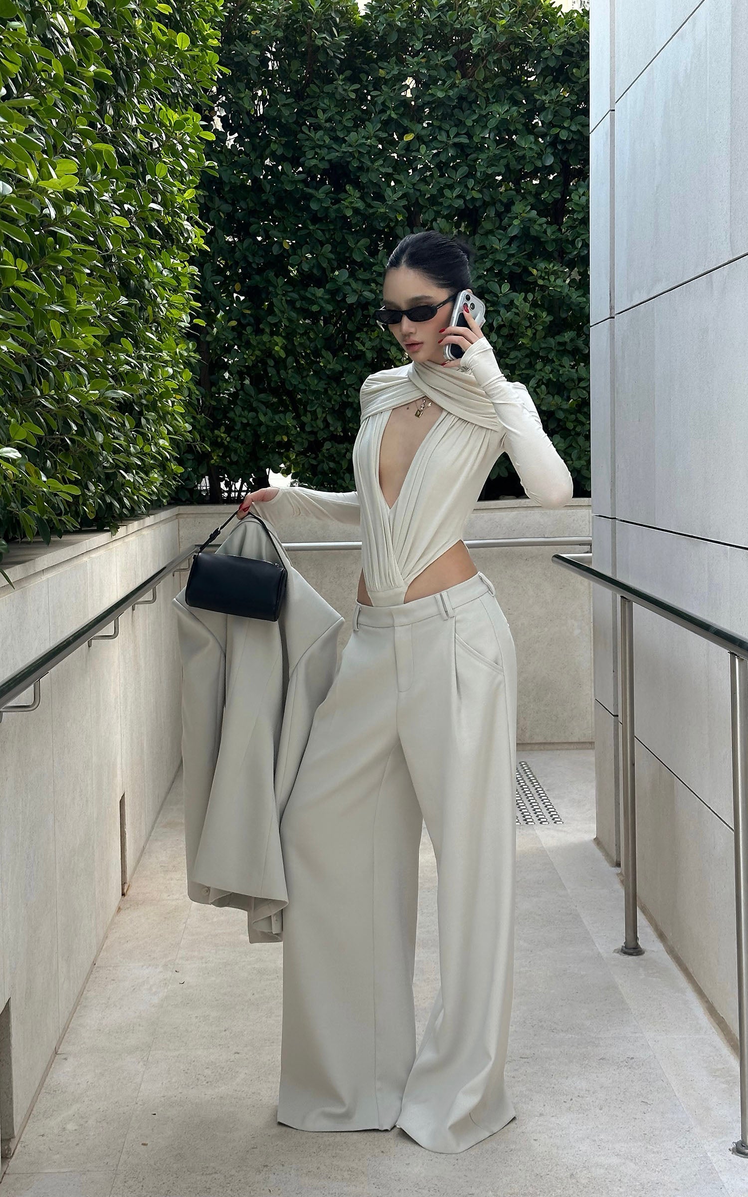 ROVENTE Draped Cross-Neck Deep V Bodysuit