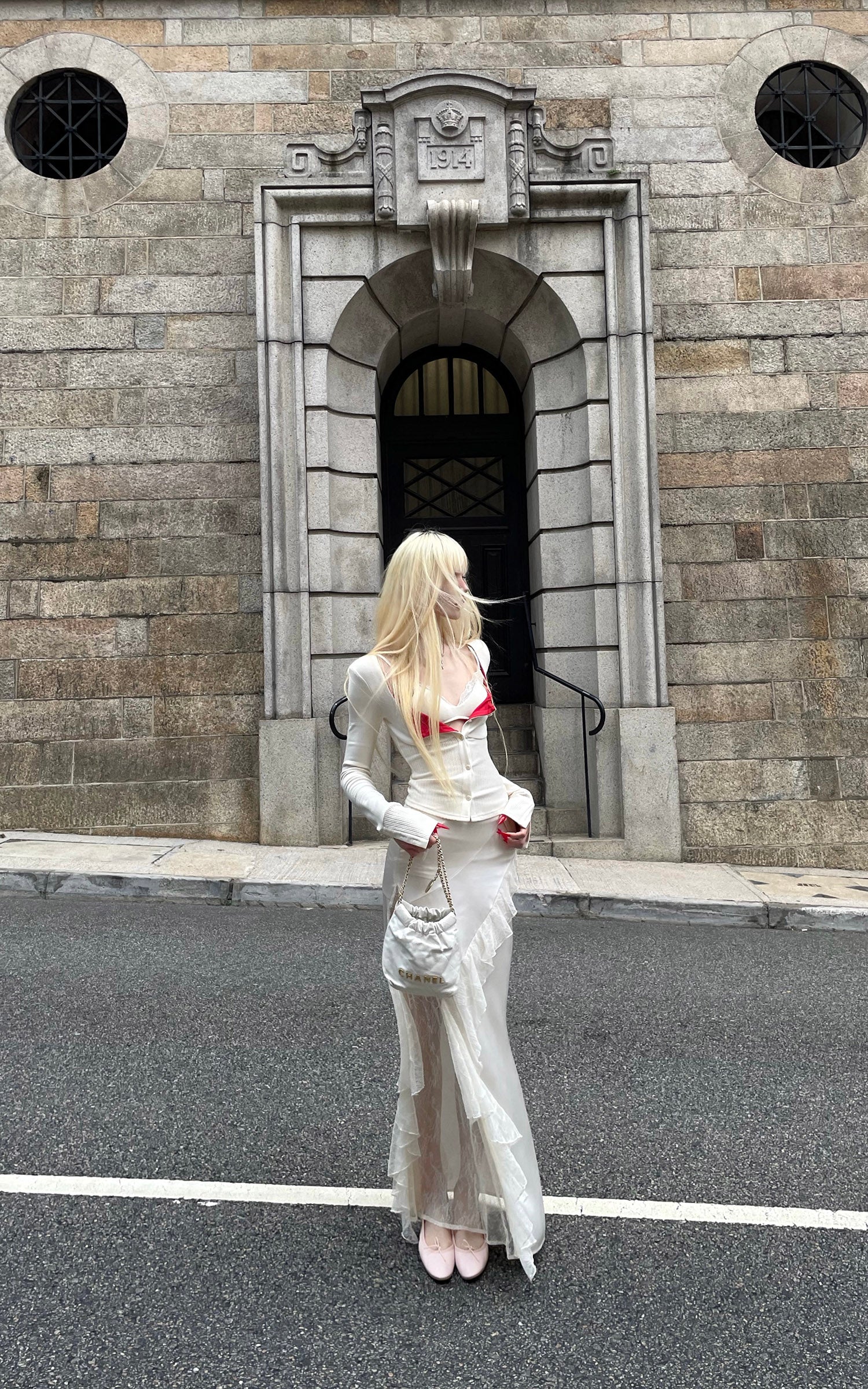 Rase Le Sol Knit Cardigan And Cami Top Two-Piece Set With Asymmetric Lace Midi Skirt