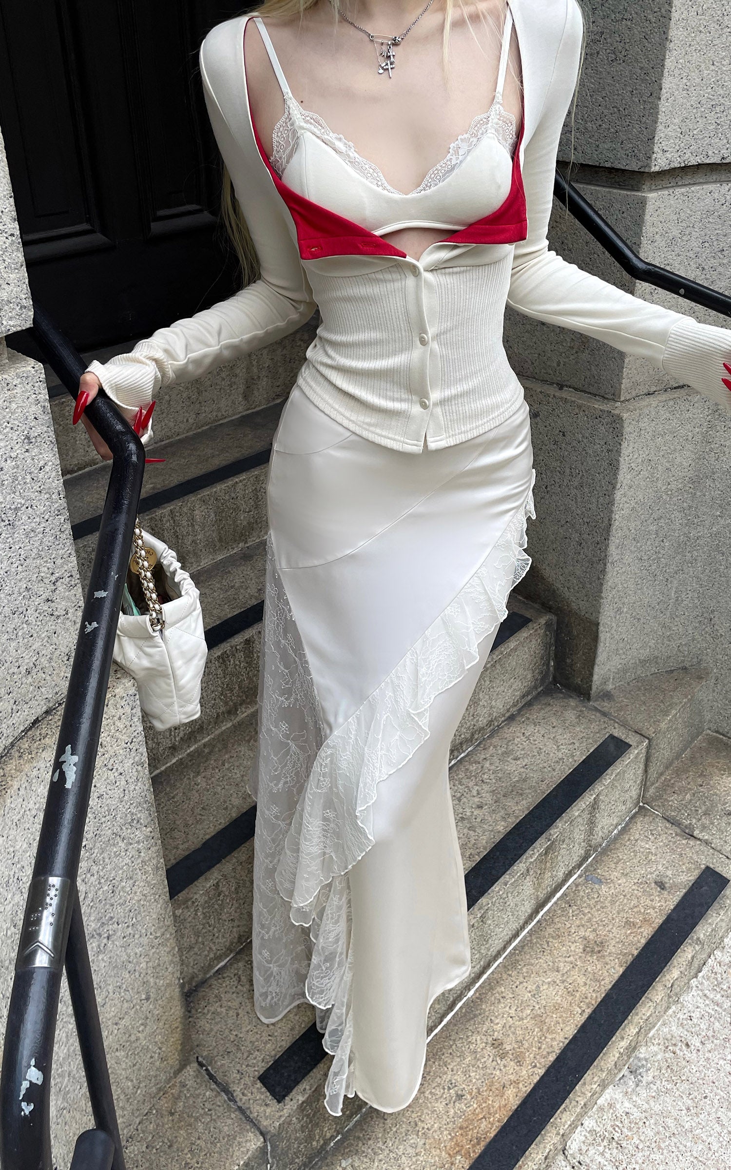 Rase Le Sol Knit Cardigan And Cami Top Two-Piece Set With Asymmetric Lace Midi Skirt