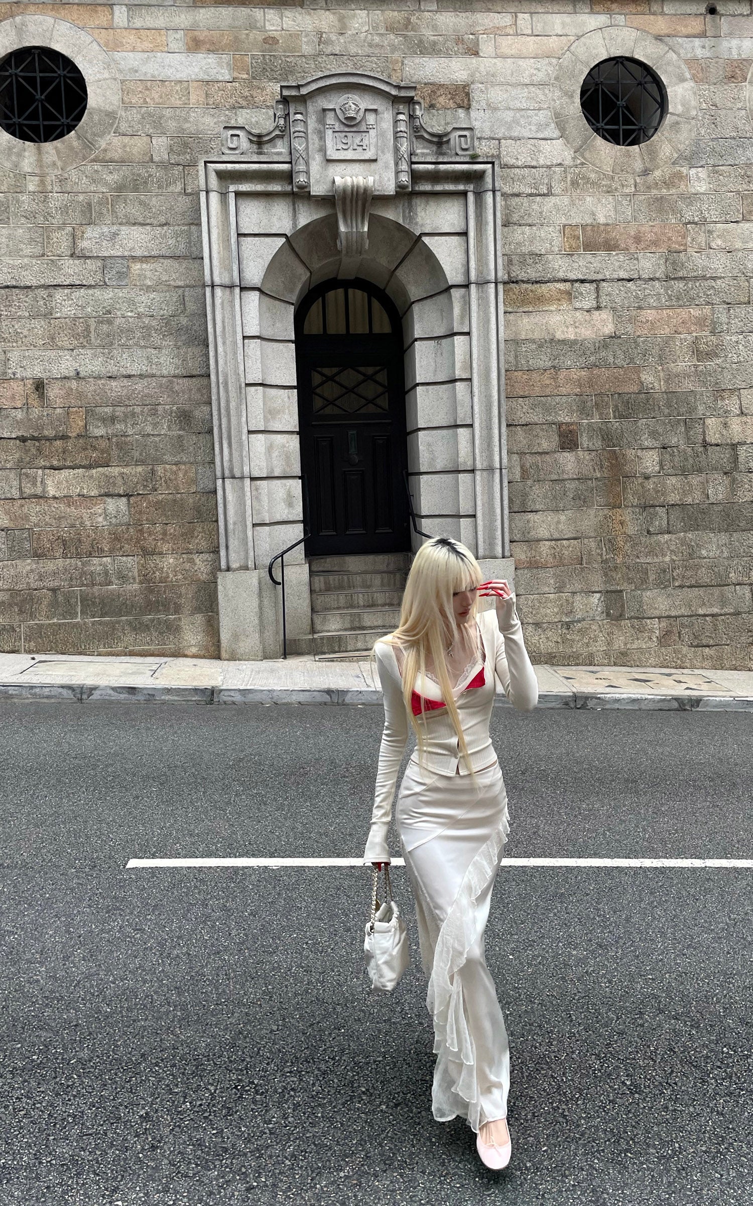 Rase Le Sol Knit Cardigan And Cami Top Two-Piece Set With Asymmetric Lace Midi Skirt