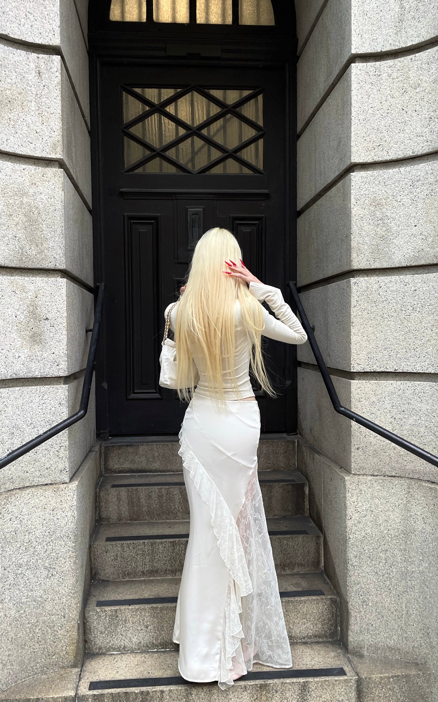 Rase Le Sol Knit Cardigan And Cami Top Two-Piece Set With Asymmetric Lace Midi Skirt