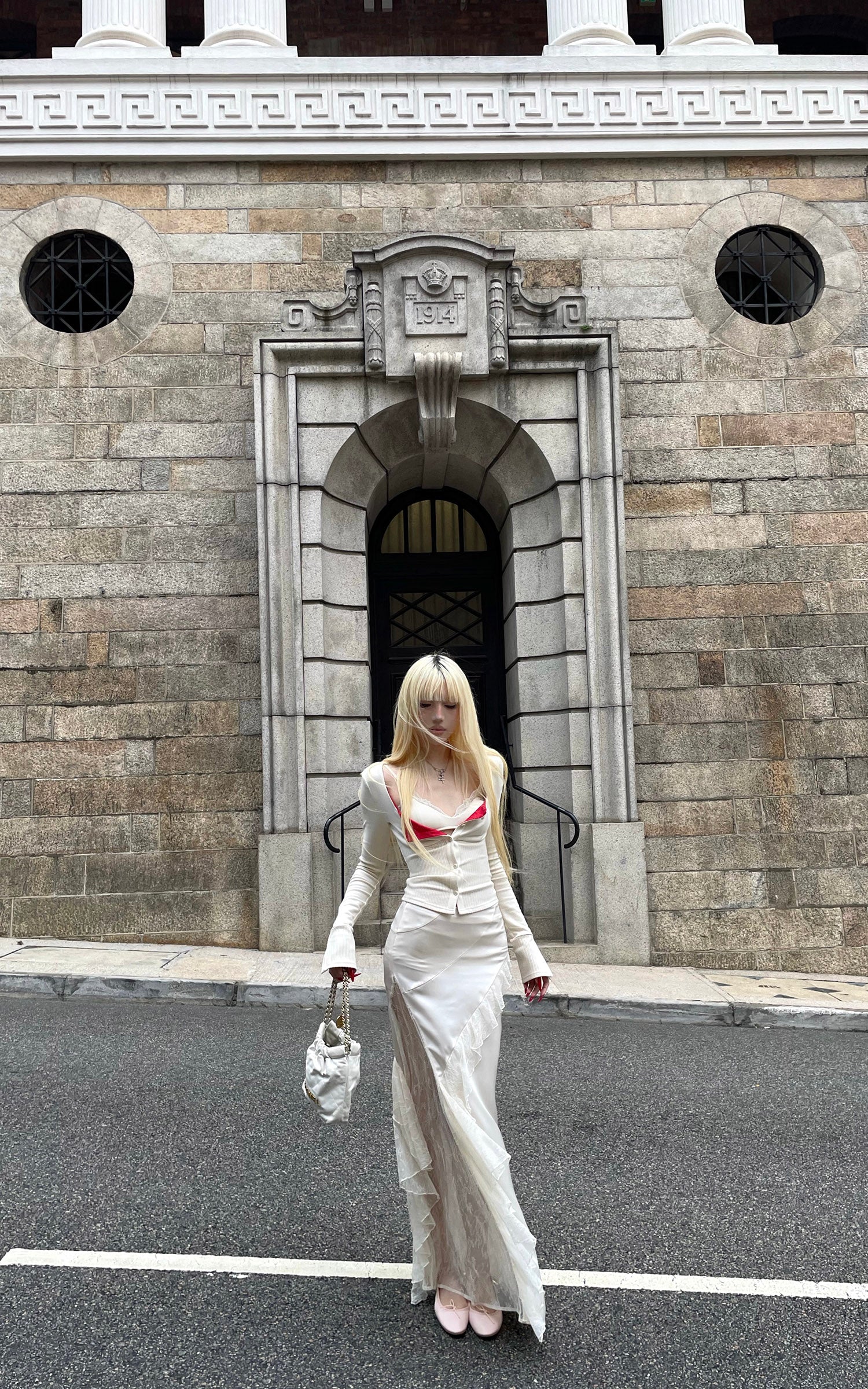 Rase Le Sol Knit Cardigan And Cami Top Two-Piece Set With Asymmetric Lace Midi Skirt