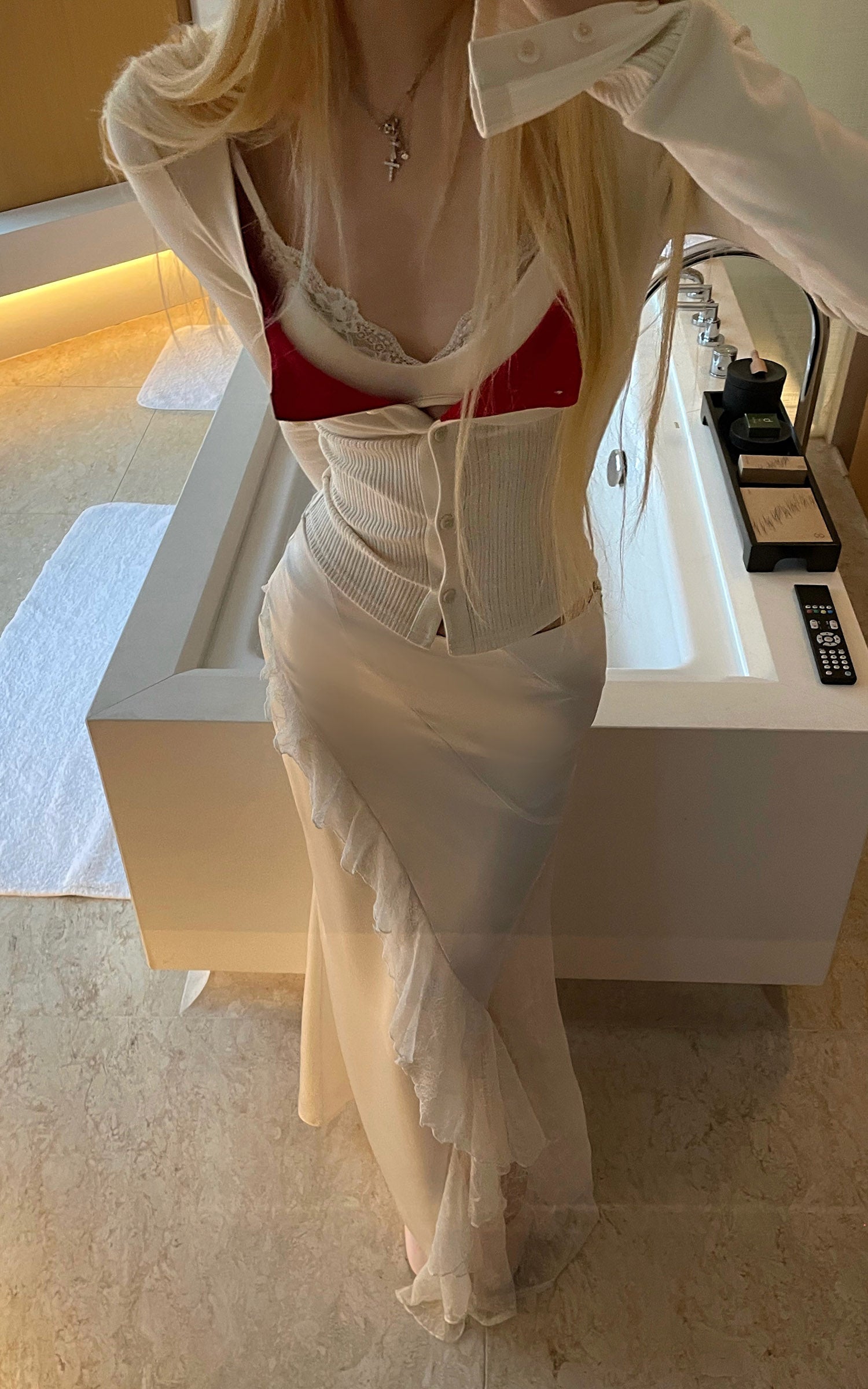 Rase Le Sol Knit Cardigan And Cami Top Two-Piece Set With Asymmetric Lace Midi Skirt