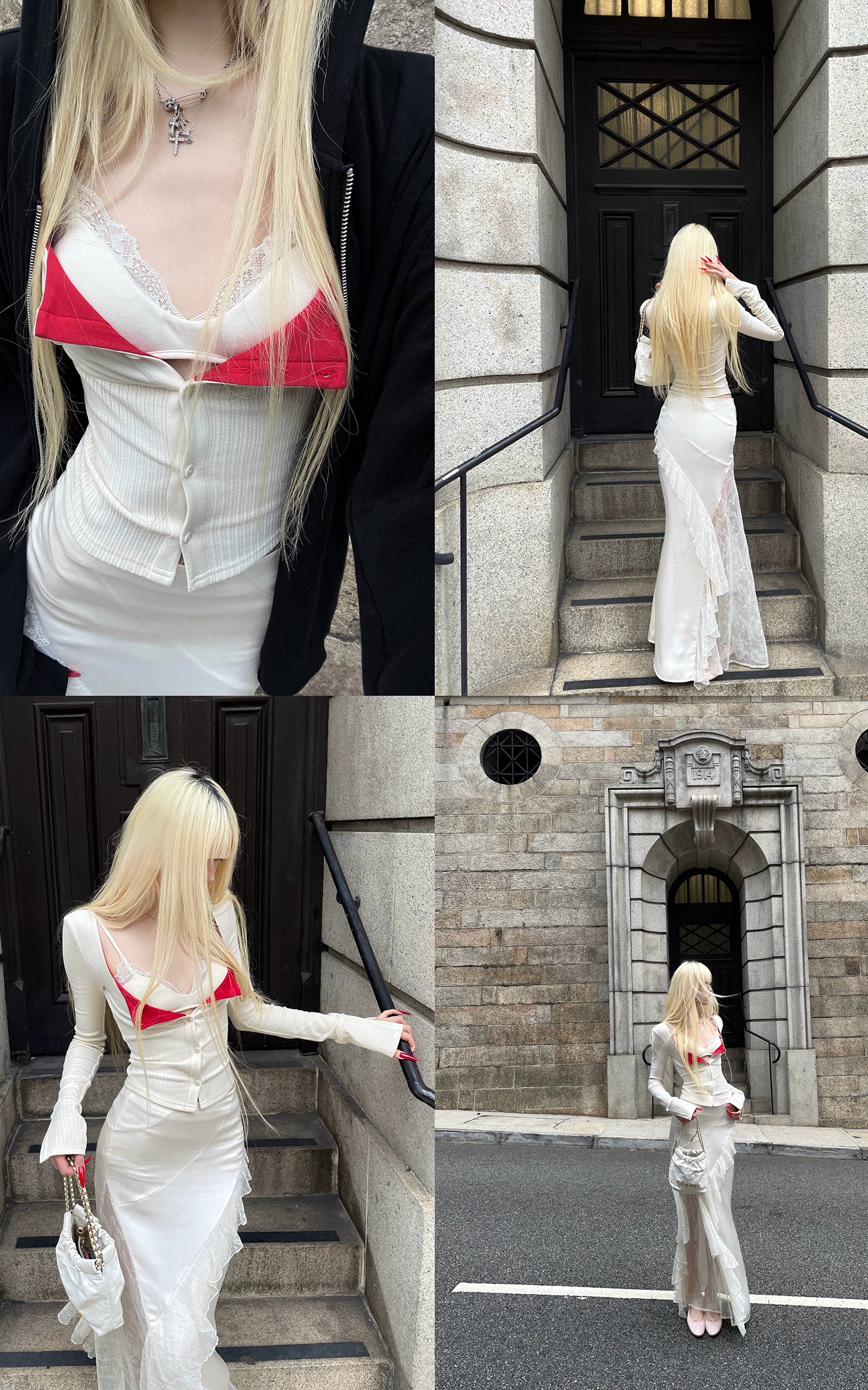 Rase Le Sol Knit Cardigan And Cami Top Two-Piece Set With Asymmetric Lace Midi Skirt