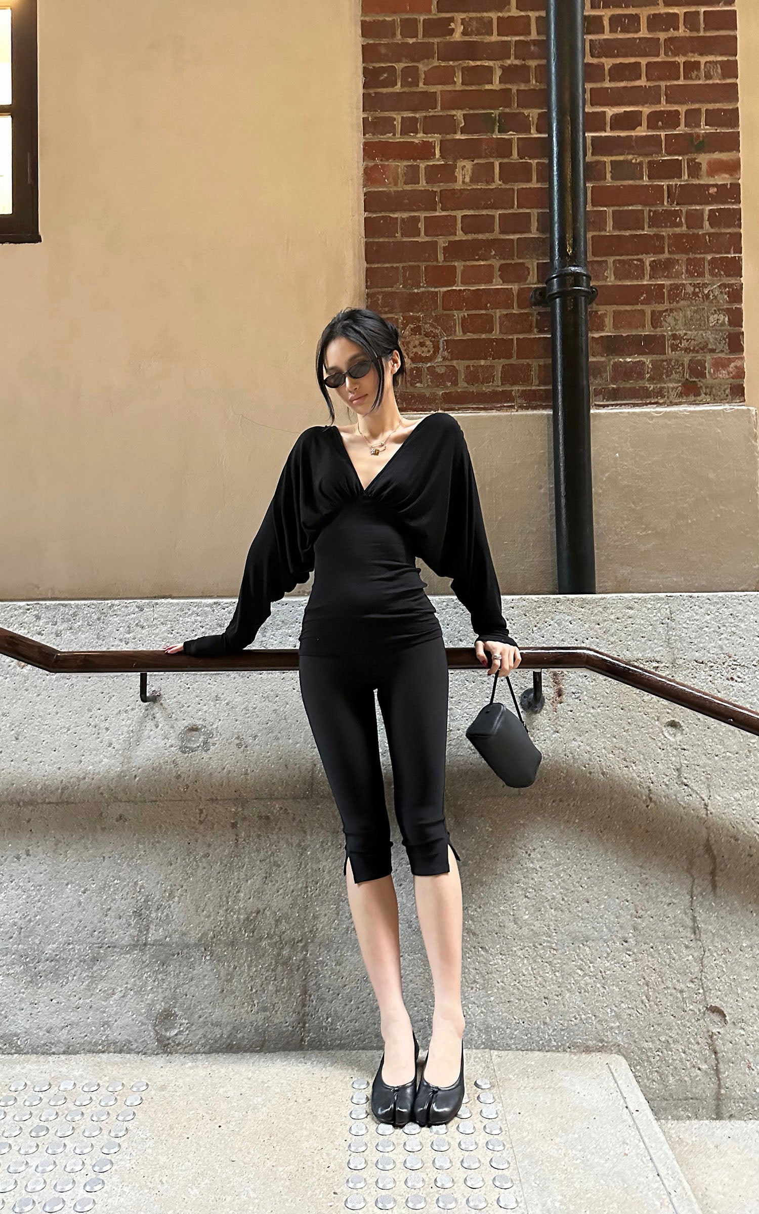 ROVENTE Deep V Draped Long Sleeve T-Shirt and Slim Cropped Pants Set