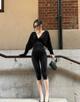 ROVENTE Deep V Draped Long Sleeve T-Shirt and Slim Cropped Pants Set