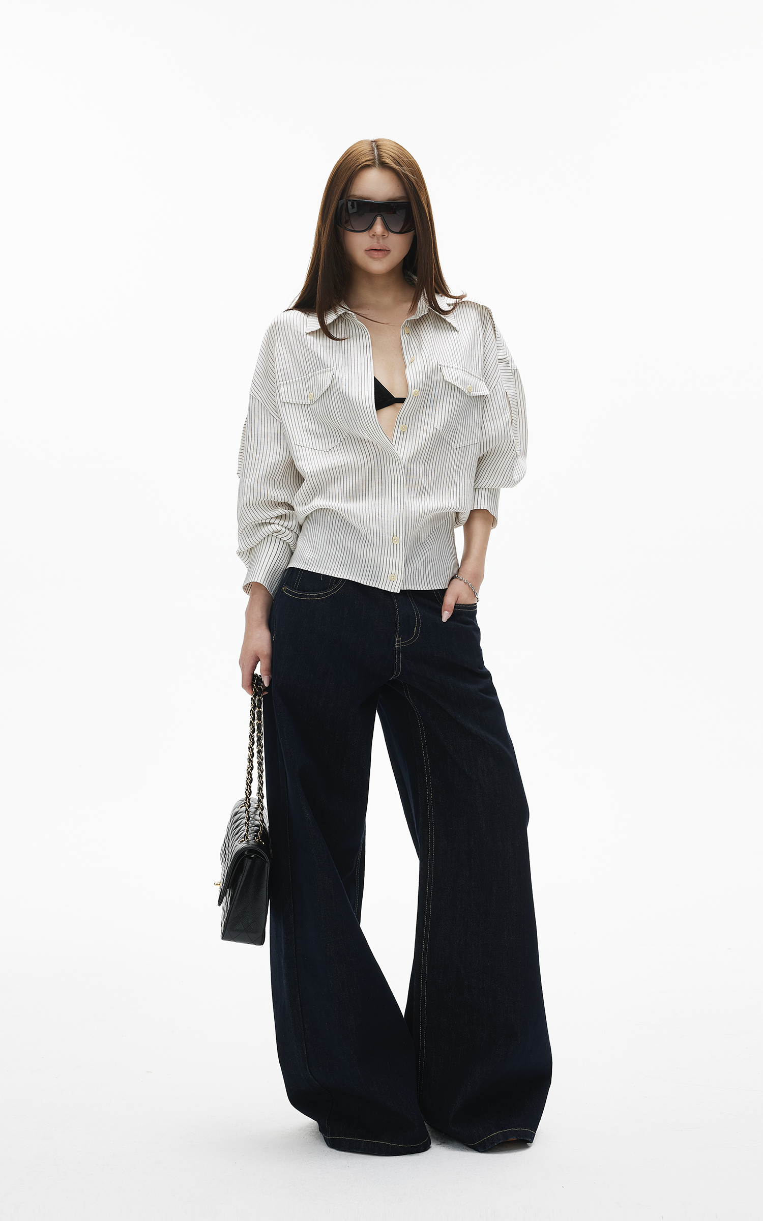 IAMXIAA ダークウォッシュワイドレッグストレートジーンズ