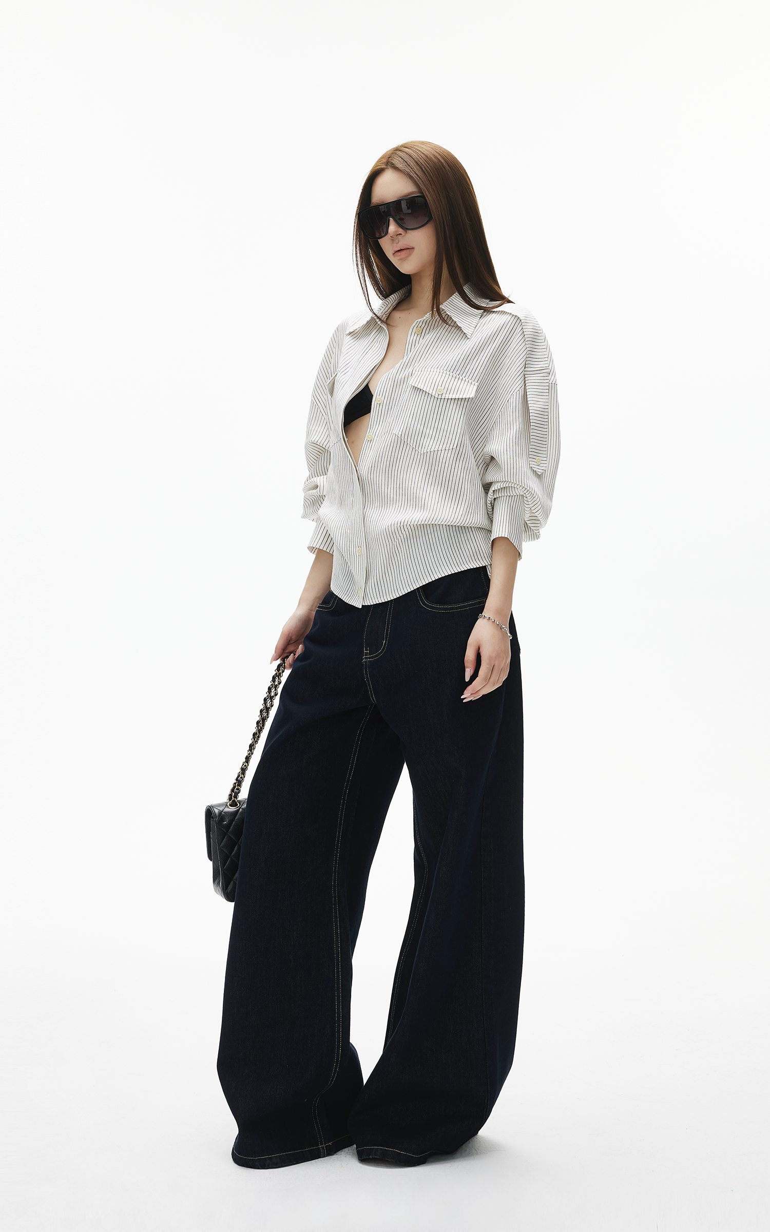 IAMXIAA ダークウォッシュワイドレッグストレートジーンズ