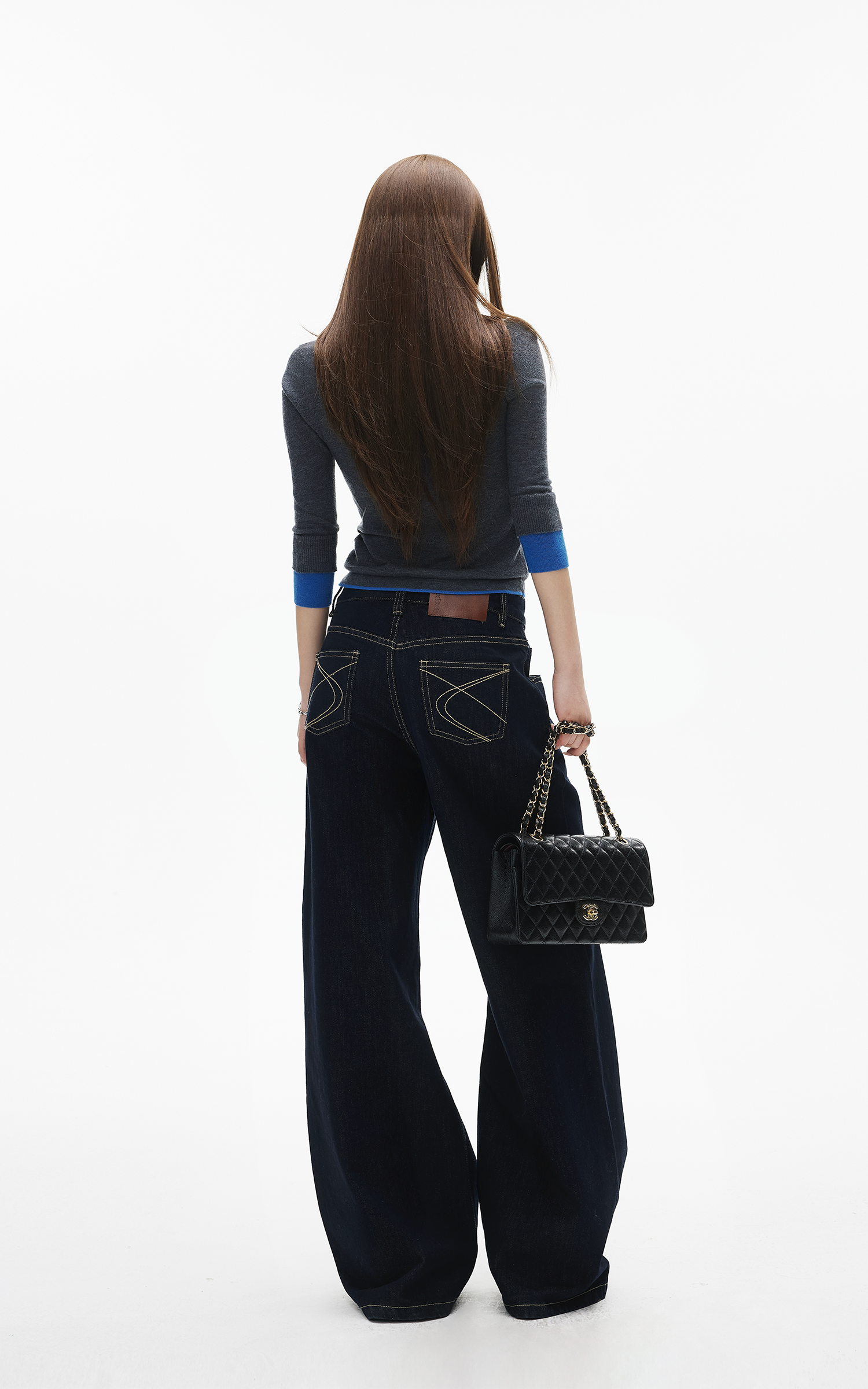 IAMXIAA ダークウォッシュワイドレッグストレートジーンズ