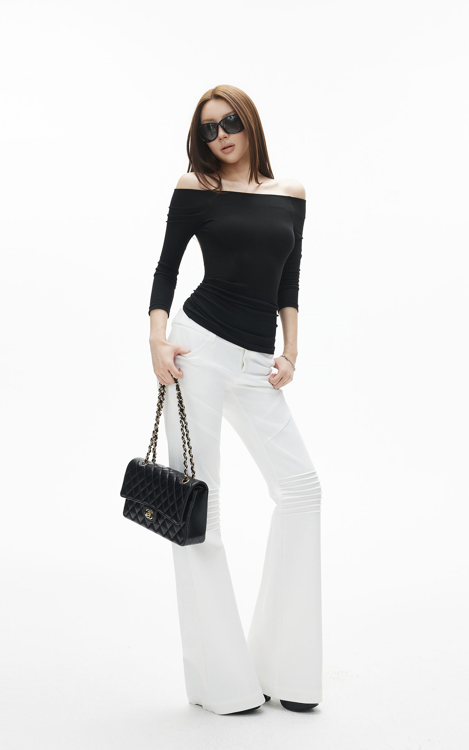 IAMXIAA オフショルダー フィットニット ロングスリーブ トップ