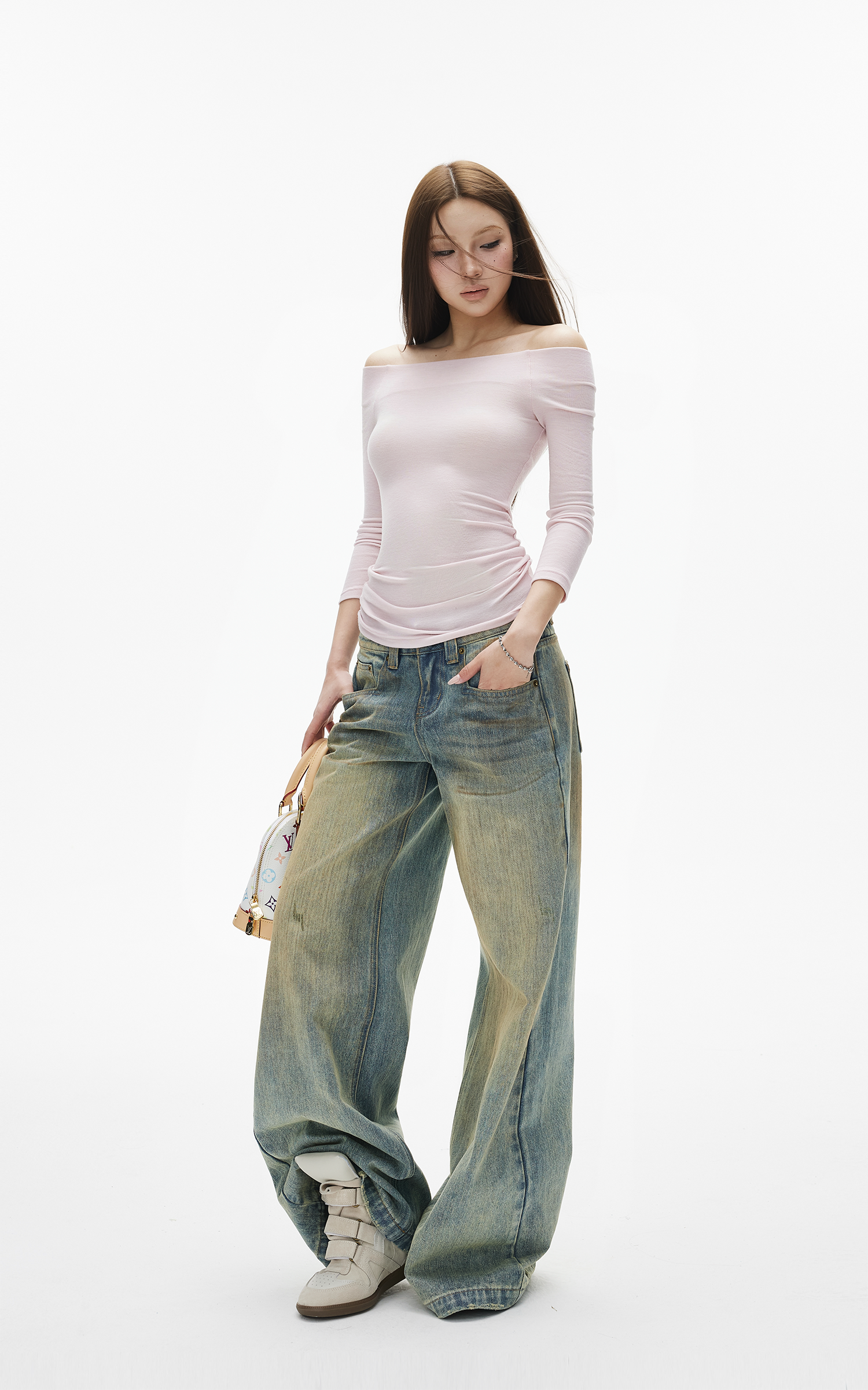 IAMXIAA オフショルダー フィットニット ロングスリーブ トップ