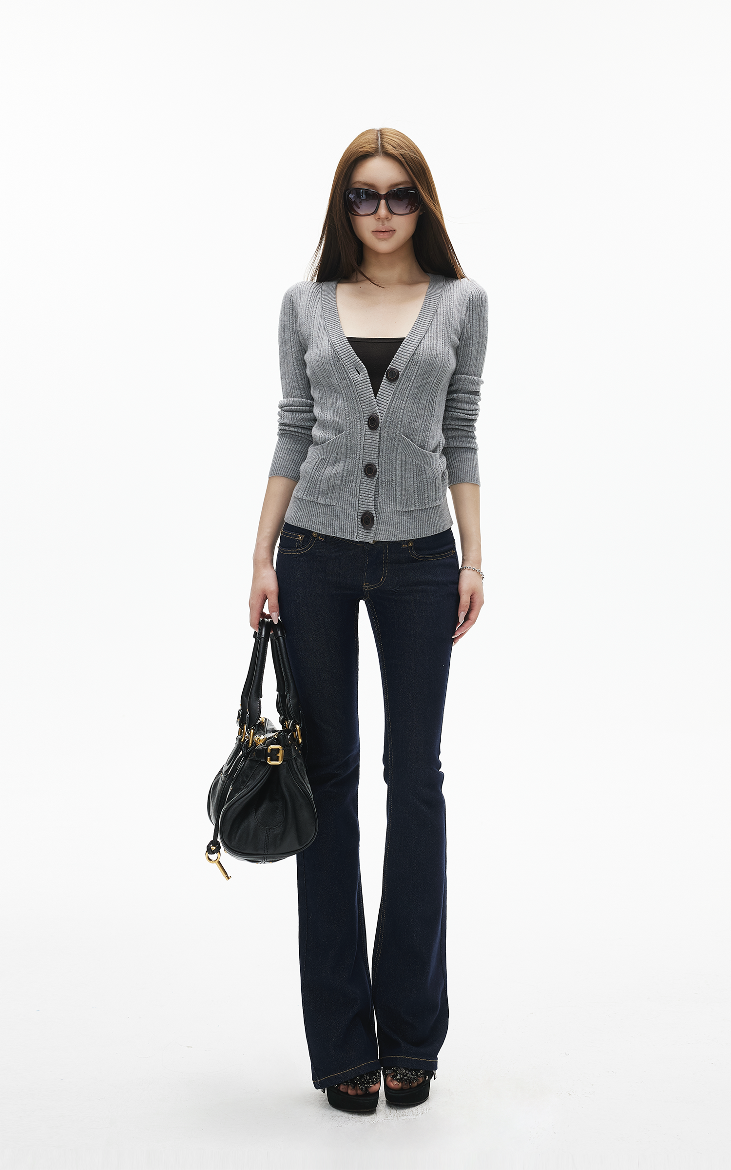 IAMXIAA リブ編みディープVフィットニットカーディガン