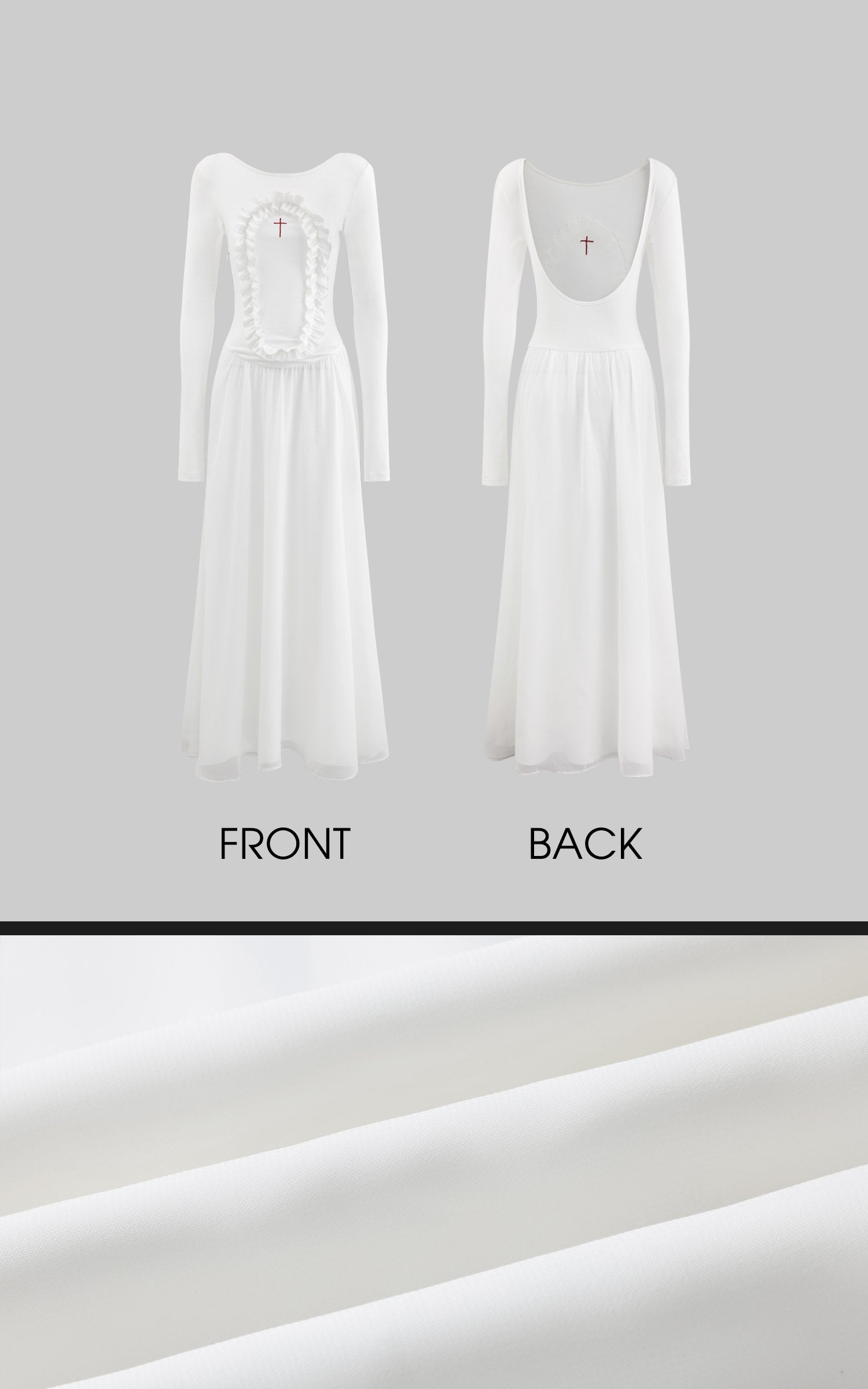 Rase le sol Long Sleeve Dress with Cross Embroidery and Lace Trim - PINKPARKS