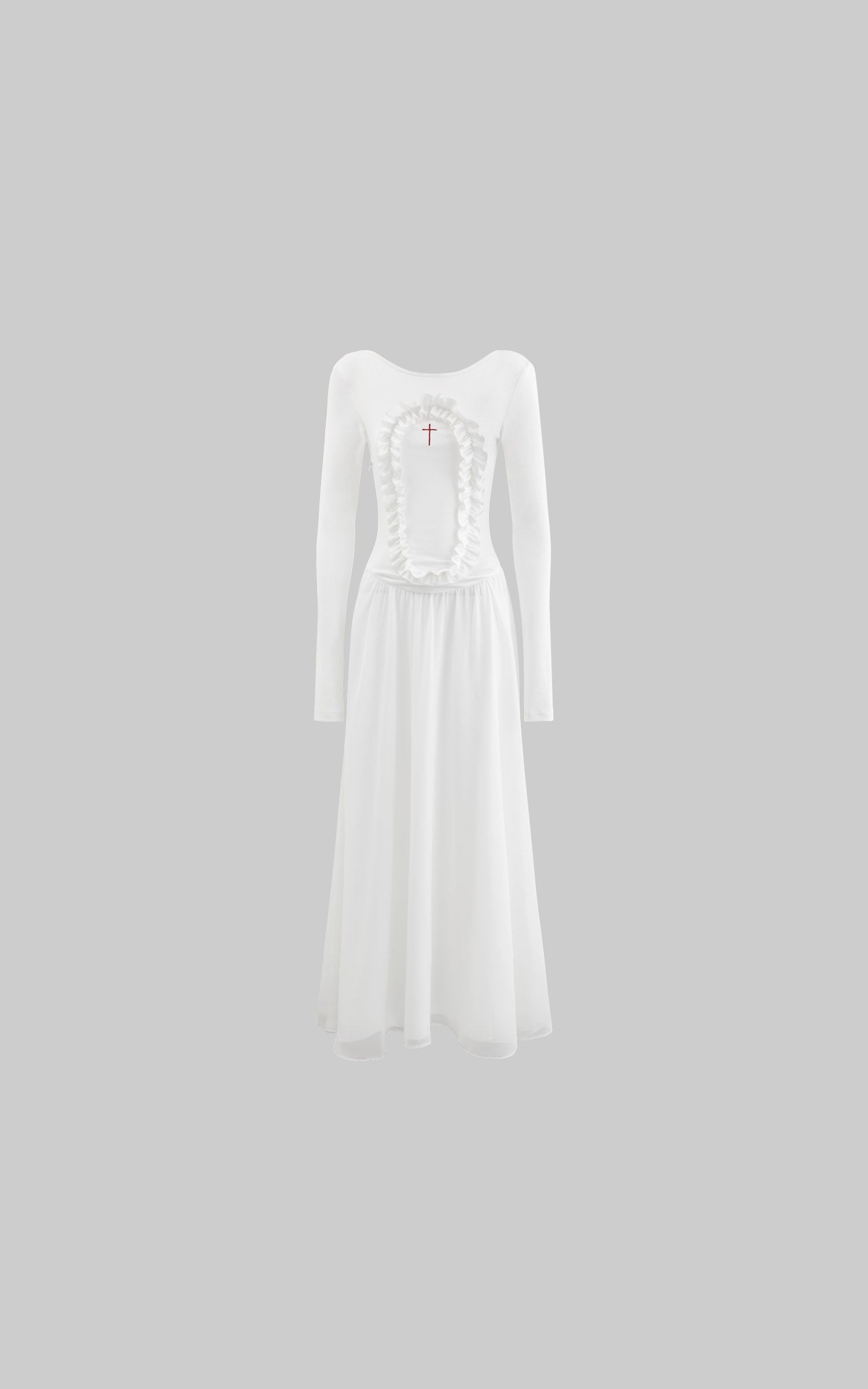 Rase le sol Long Sleeve Dress with Cross Embroidery and Lace Trim - PINKPARKS
