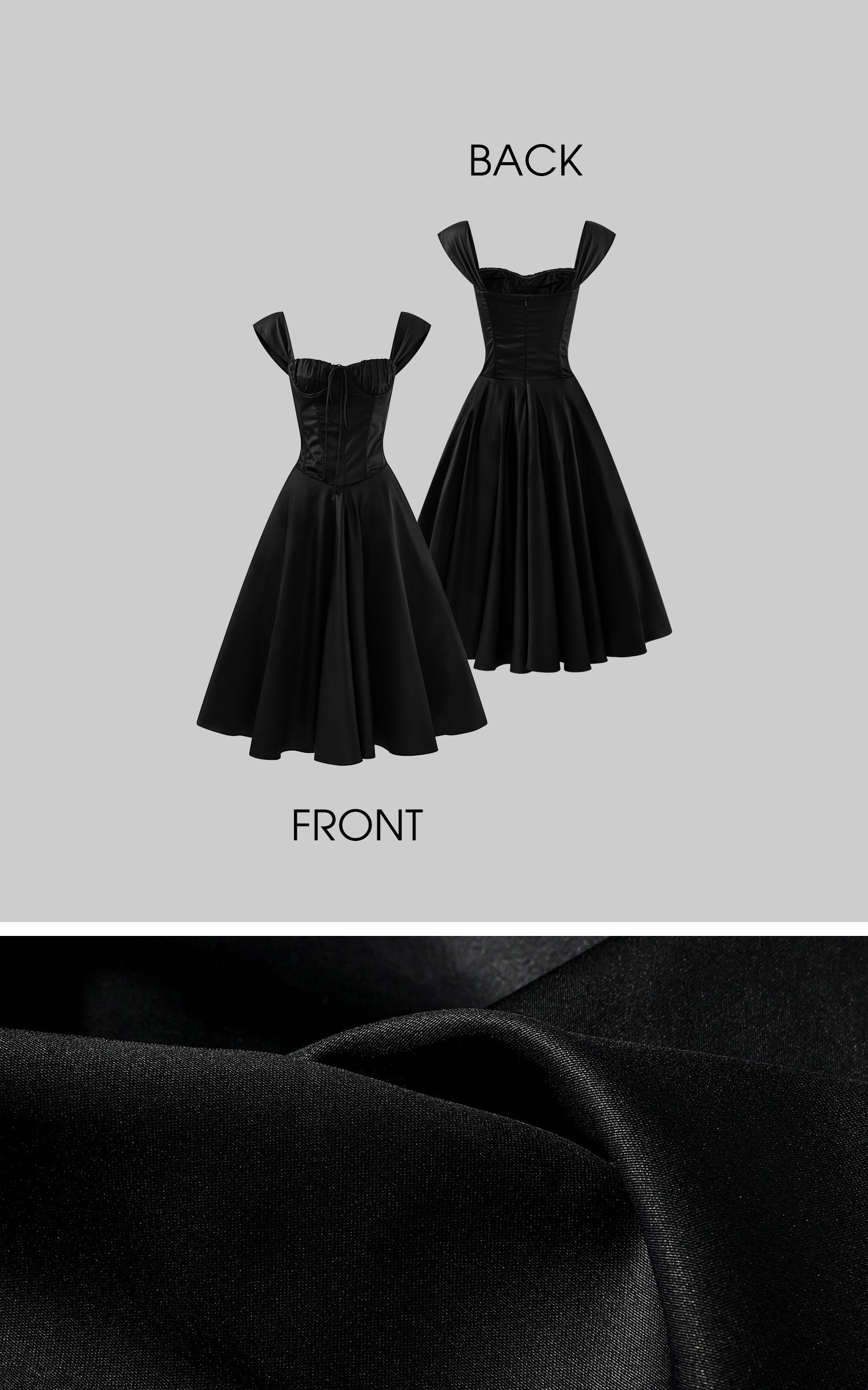 ROVENTE オフショルダー サテン コルセット ミディドレス フレアスカート付き