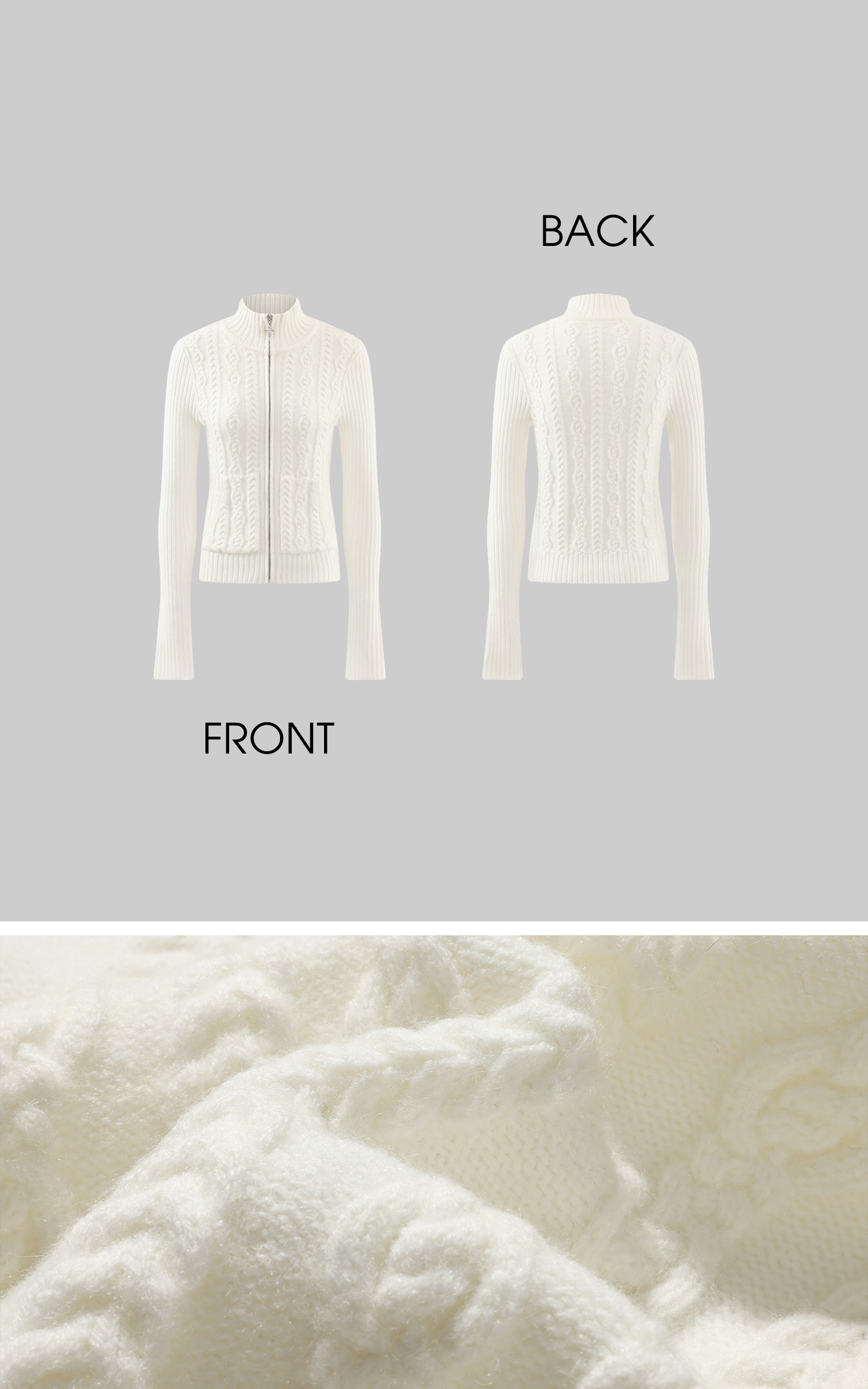 Rase le sol ハイネック ケーブルニットカーディガン（立体フィット＆クロスジッパー付き）