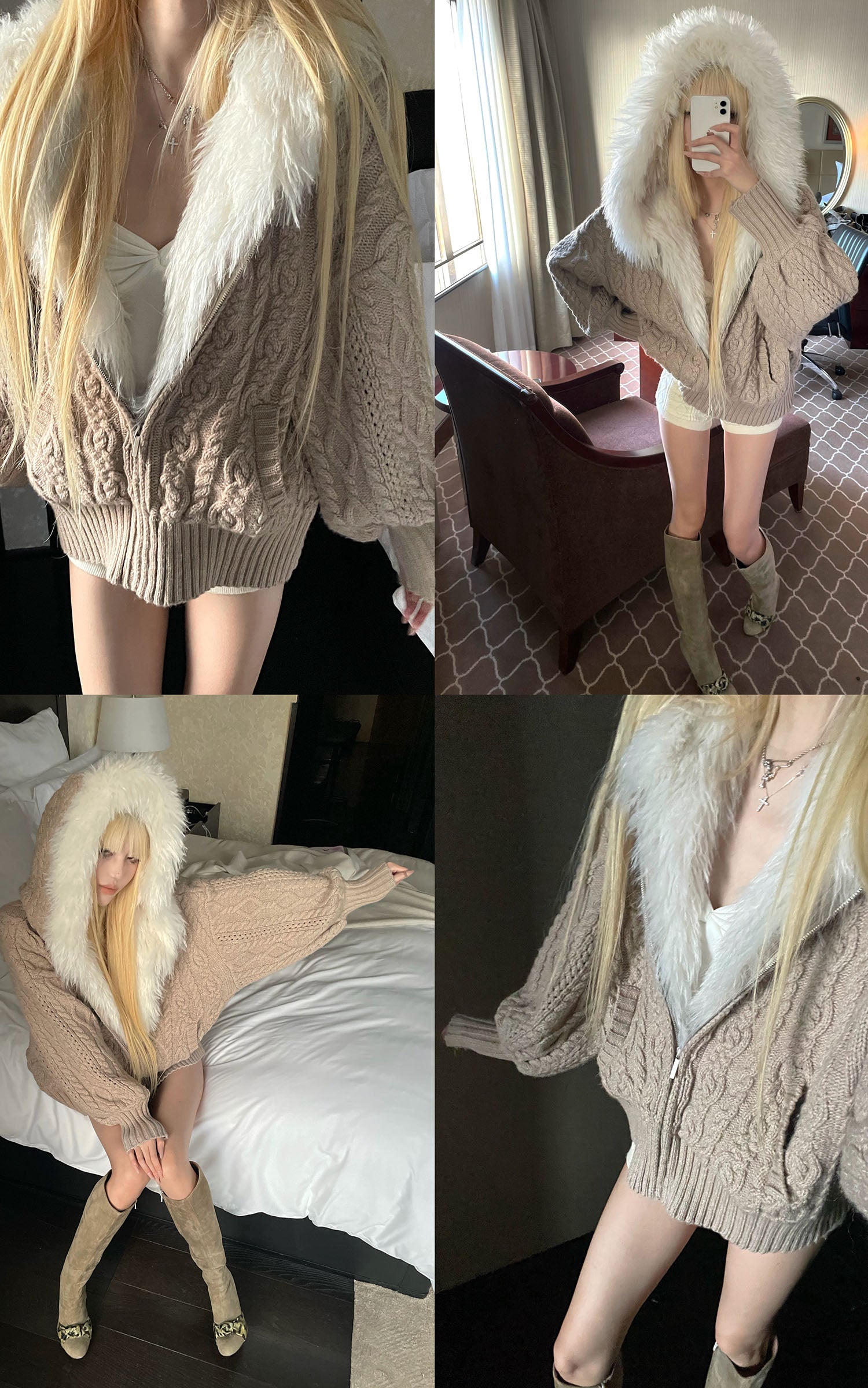 Rase le sol プラッシュライニング付きフードケーブルニットセータージャケット