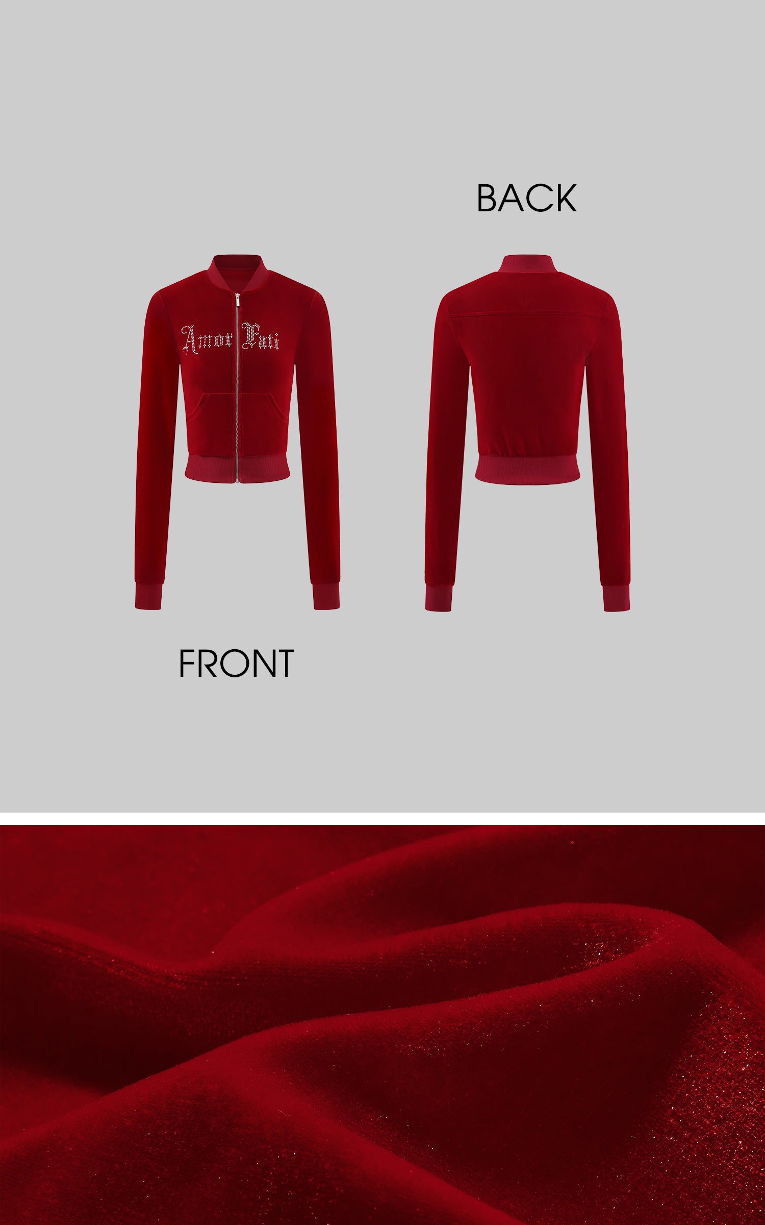 Rase le sol ラインストーンのゴシック文字入りベルベットジップアップジャケット