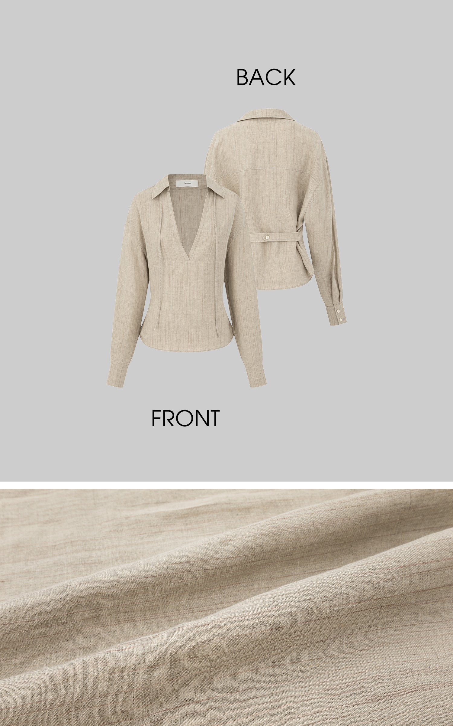 IAMXIAA リラックスフィット＆ベルト付きバックのディープVネックリネンシャツ