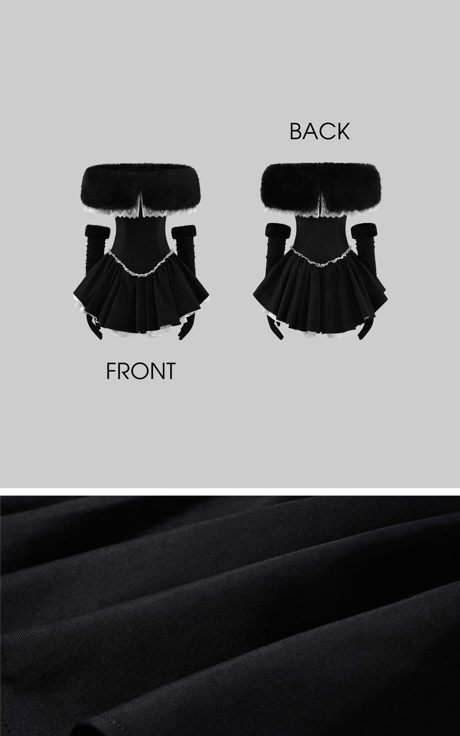 Rase le sol レーストリムとマッチンググローブ付きのベルベットフェイクファーオフショルダードレス