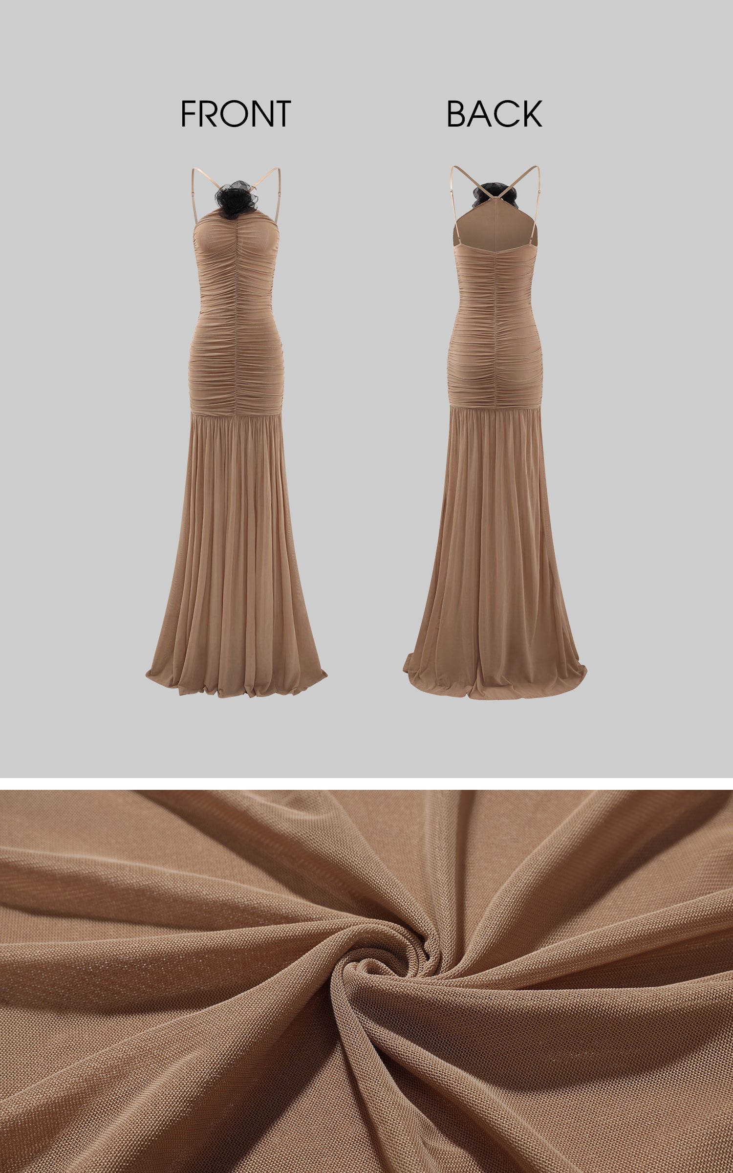 ROVENTE 取り外し可能なフラワーブローチ付きギャザーメッシュマキシドレス＆フローヘム