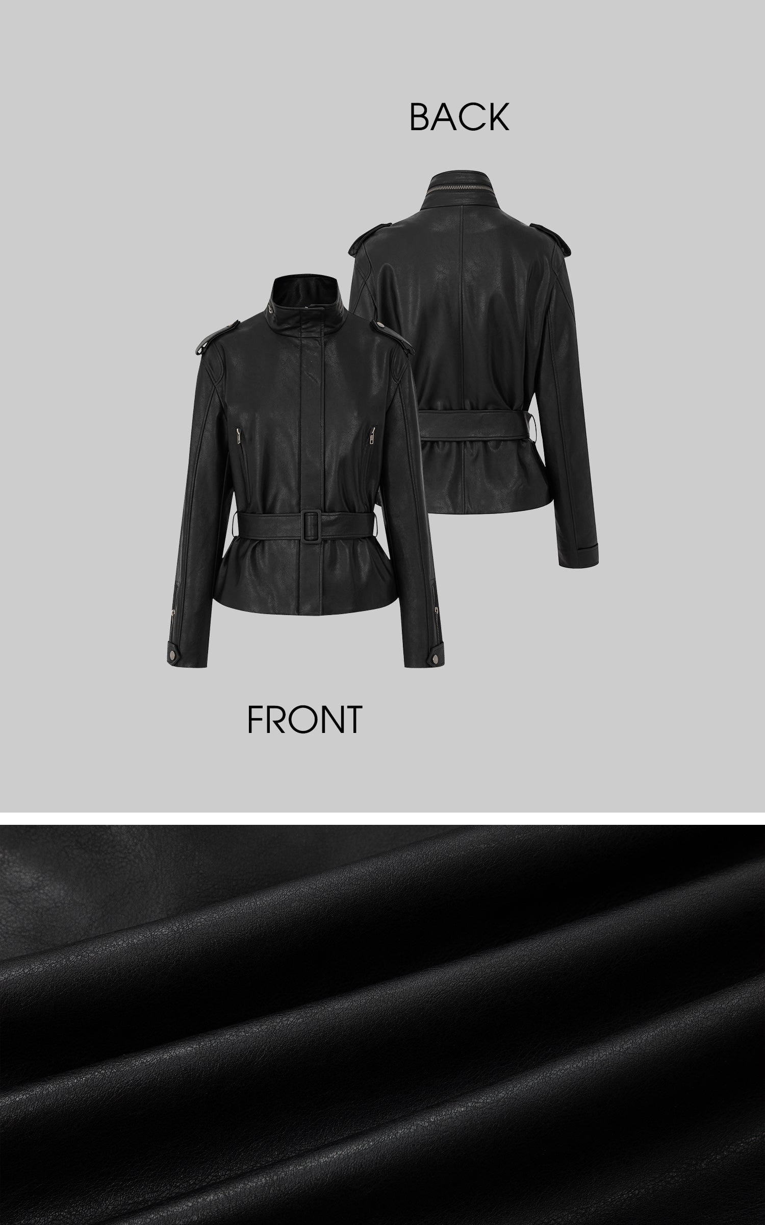 IAMXIAA ベルト付きハイネックフェイクレザージャケット