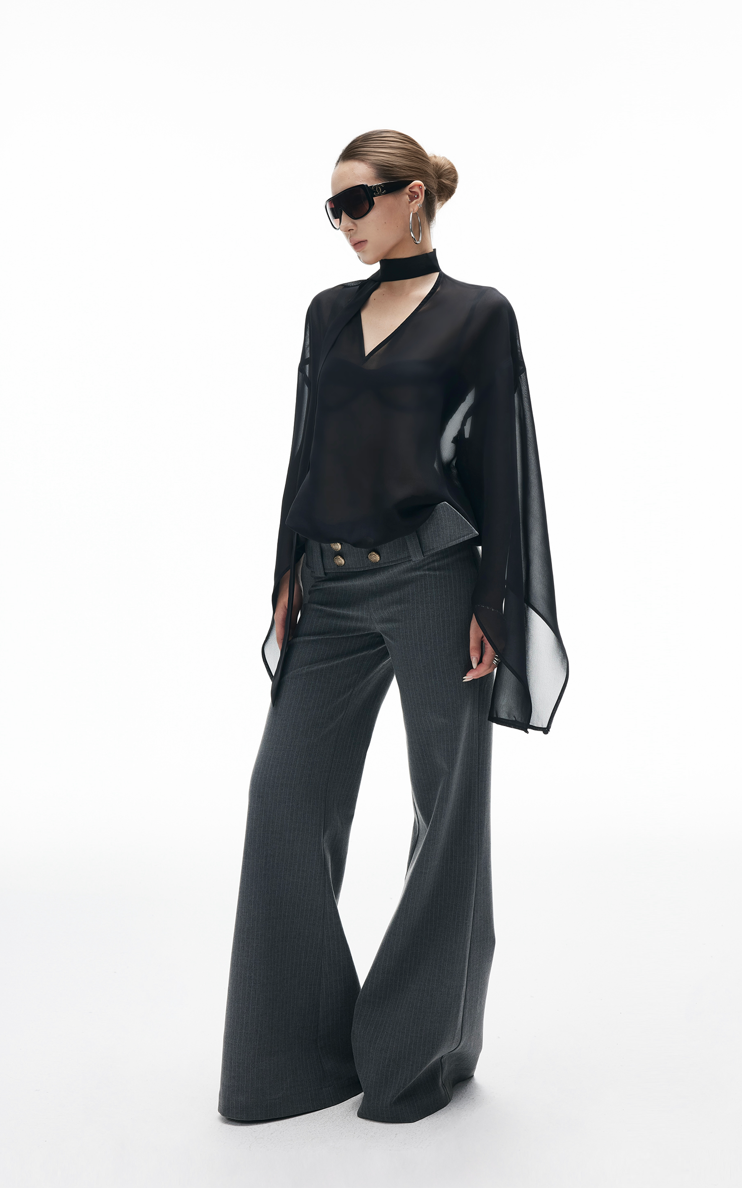 IAMXIAA スカーフ付きシアーシフォンブラウス