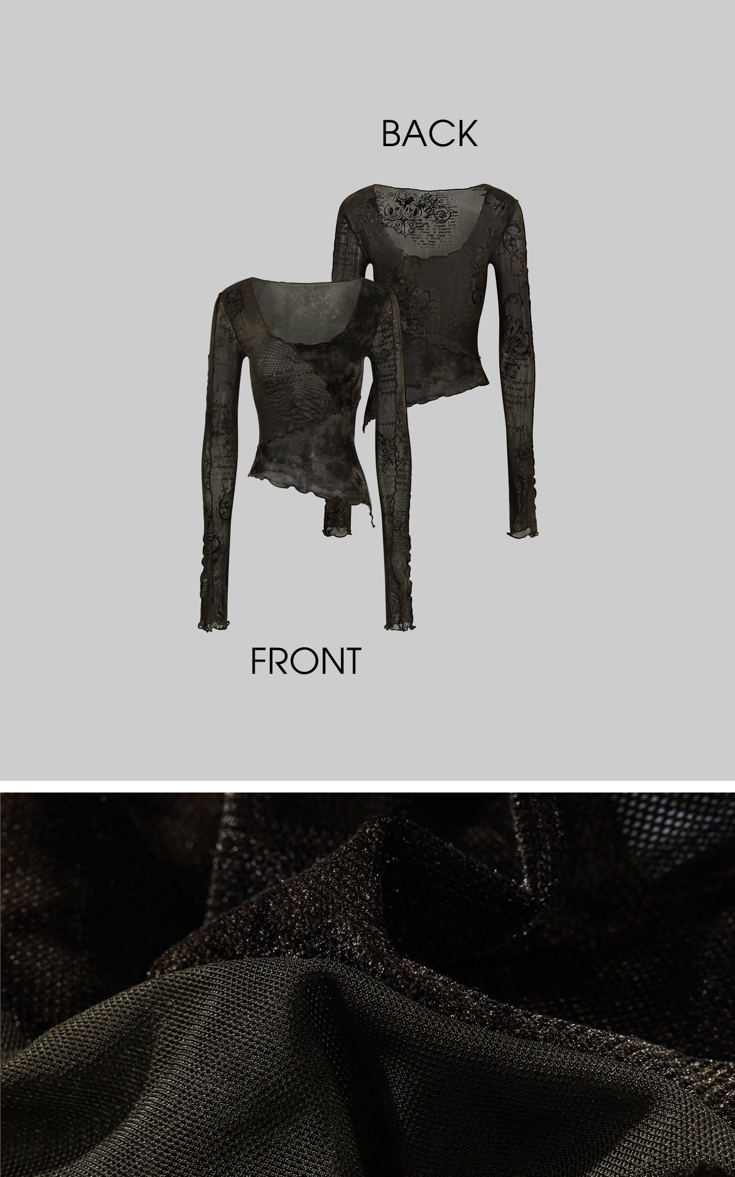 Low pixel Distressed Print Asymmetric Mesh Long Sleeve T-Shirt